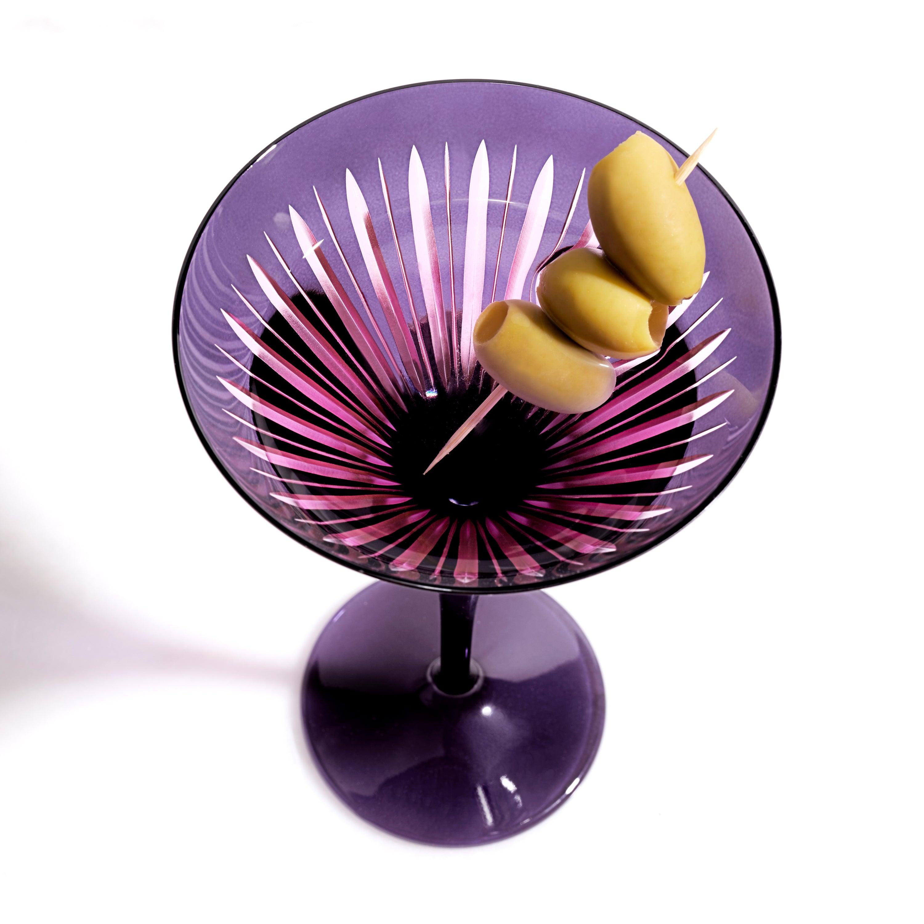 Elegant Purple Prism Martini Glasses Set of 4 - Crystal Cut Cocktail Glasses for Parties, Weddings & Home Bar Decor
