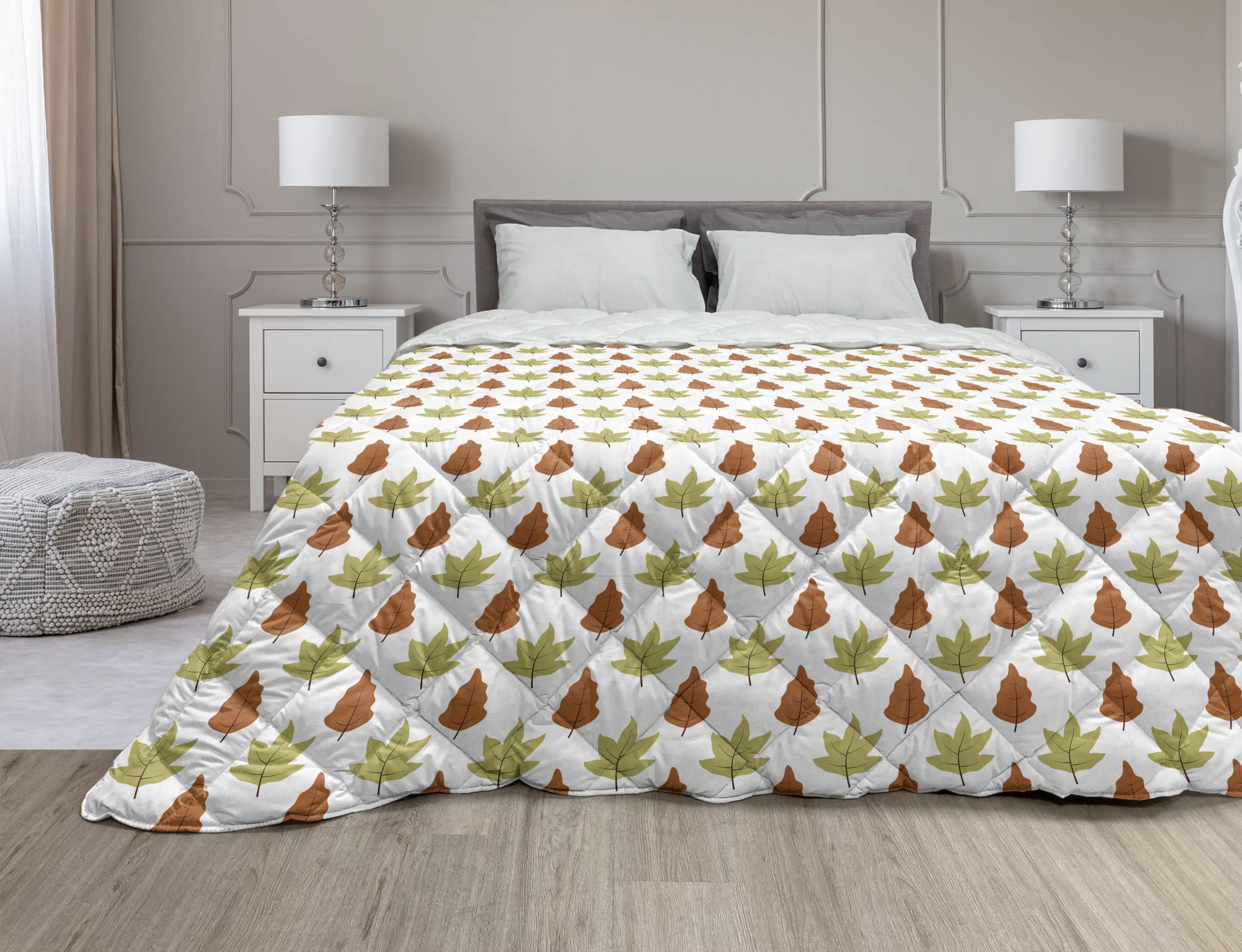 Ambesonne Floral Down Alternative Comforter - Autumn Leaves Pattern in Nature Tones, All-Season Microfiber Quilt for Twin Bed, White & Burnt Orange | Cozy Bedroom Decor for Fall & Winter