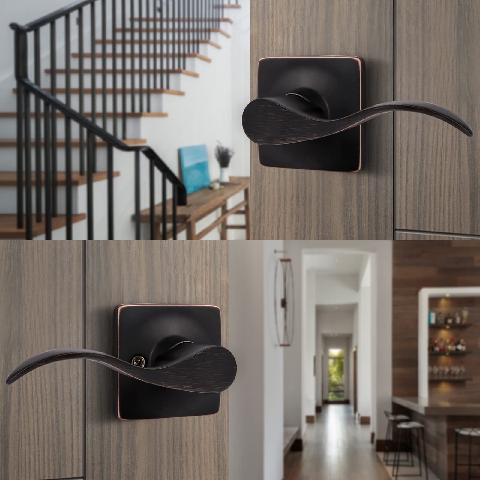 GobeKOR 6 Pack Oil Rubbed Bronze Keyless Passage Lever Door Handle with Lock - Square Interior Door Lever for Bedroom, Bathroom & Closet - Easy Installation & Secure Privacy Lock