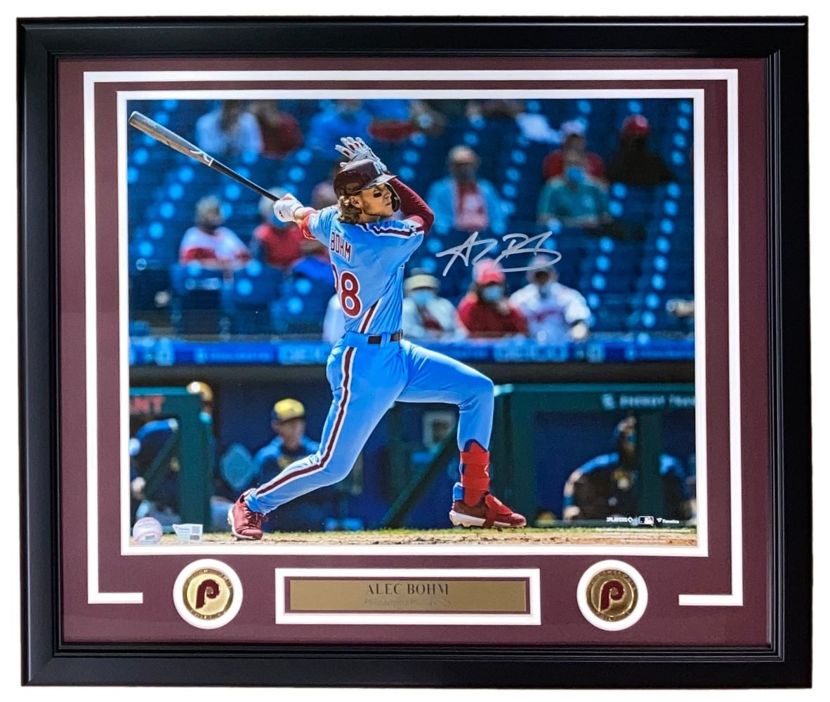 Authentic Alec Bohm Autographed Framed 16x20 Philadelphia Phillies Blue Jersey Photo - Fanatics Certified Collectible - Perfect for Sports Memorabilia Displays & Phillies Fan Gifts