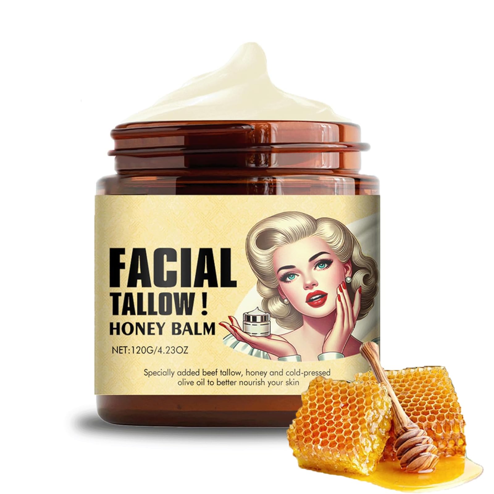 Grass-Fed Whipped Beef Tallow & Honey Balm - 4.23 Oz Natural Face Moisturizer for Dry Skin, Anti-Aging Cream, Sensitive Skin Care - Perfect for Night Routine & Winter Hydration