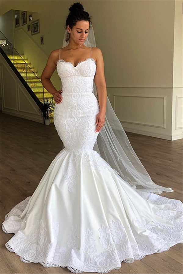 Elegant Mermaid Spaghetti Strap Sleeveless Lace Wedding Dress for Bride - Perfect for Beach, Church, and Outdoor Ceremonies