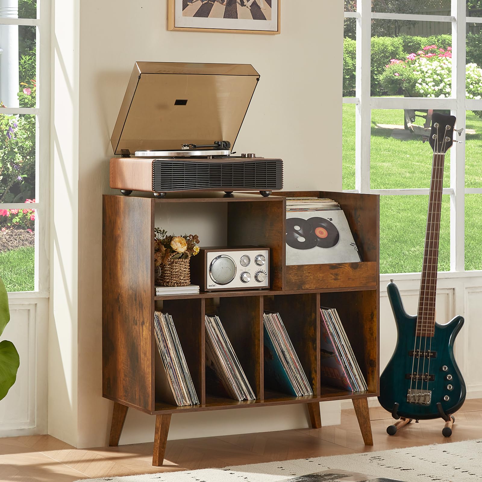 LELELINKY Large Wooden Record Player Stand with Storage - Holds 300 Vinyl Albums, Turntable Display Shelf for Living Room & Music Room - Perfect for Vinyl Collectors & Audiophiles (Brown)