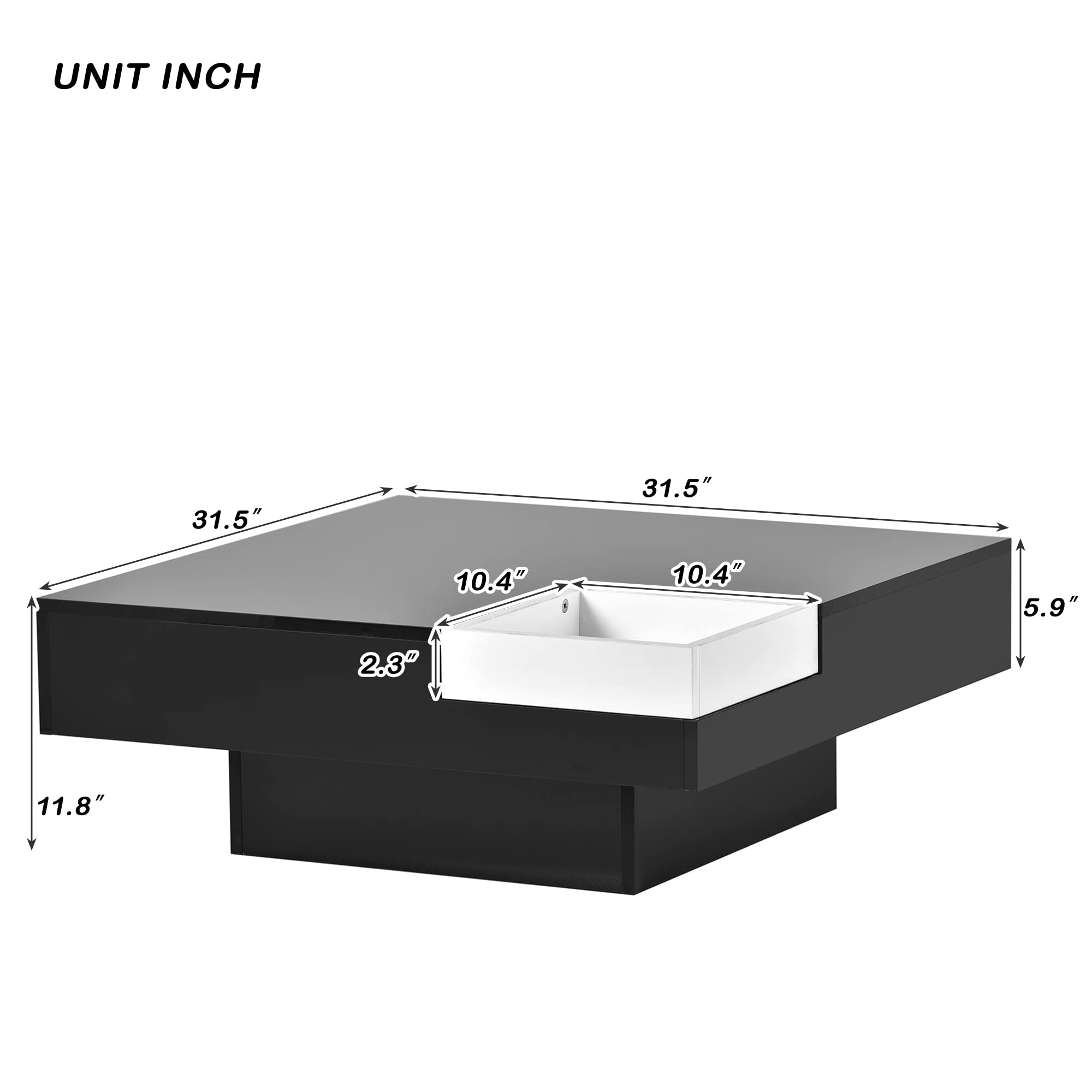 Modern Square Black LED Coffee Table with Detachable Tray - 16 Color RGB Lighting & Remote Control - Cocktail Table, Center Table for Living Room, Bedroom & Lounge Entertainment Spaces