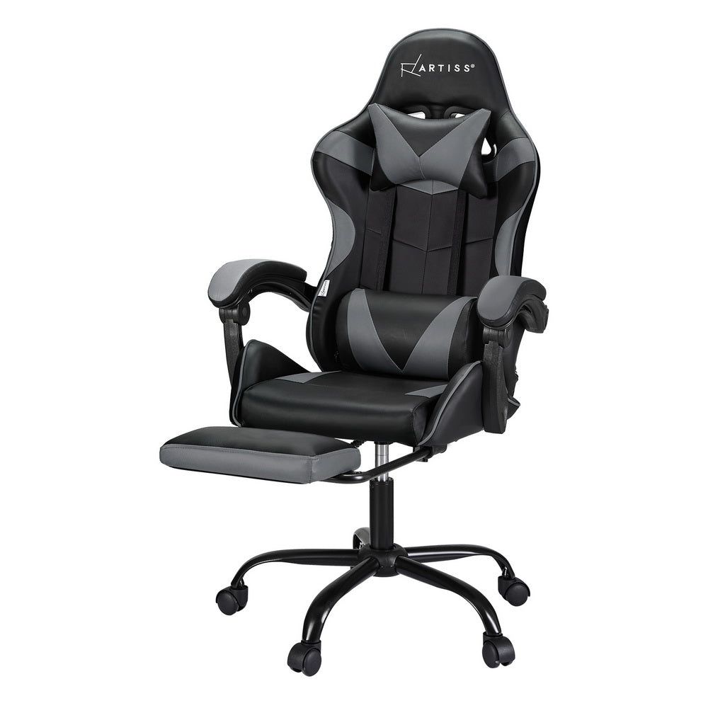 Artiss Ergonomic 2-Point Massage Gaming & Office Chair with Adjustable Footrest - Grey - Perfect for Home Office, Gaming Setup, and Workstation Comfort