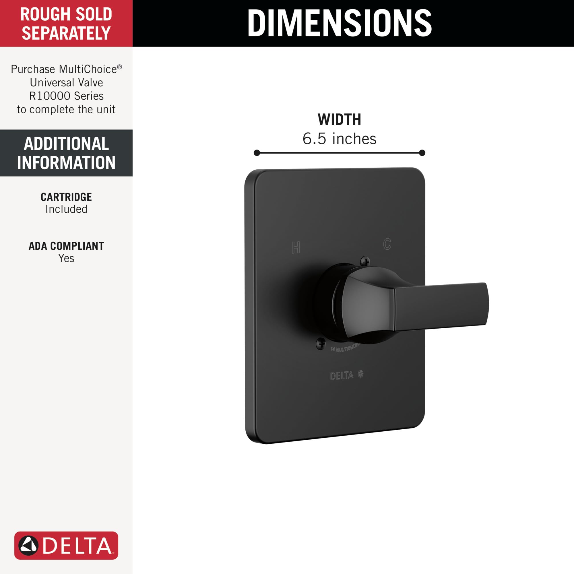 Delta T14037-BL Velum 14 Series Matte Black Single-Function Shower Valve Trim Kit with Handle - Shower Faucet Trim for Bathroom Remodel (Valve Not Included) - Perfect for Modern Home Bathrooms and Spa-Like Showers