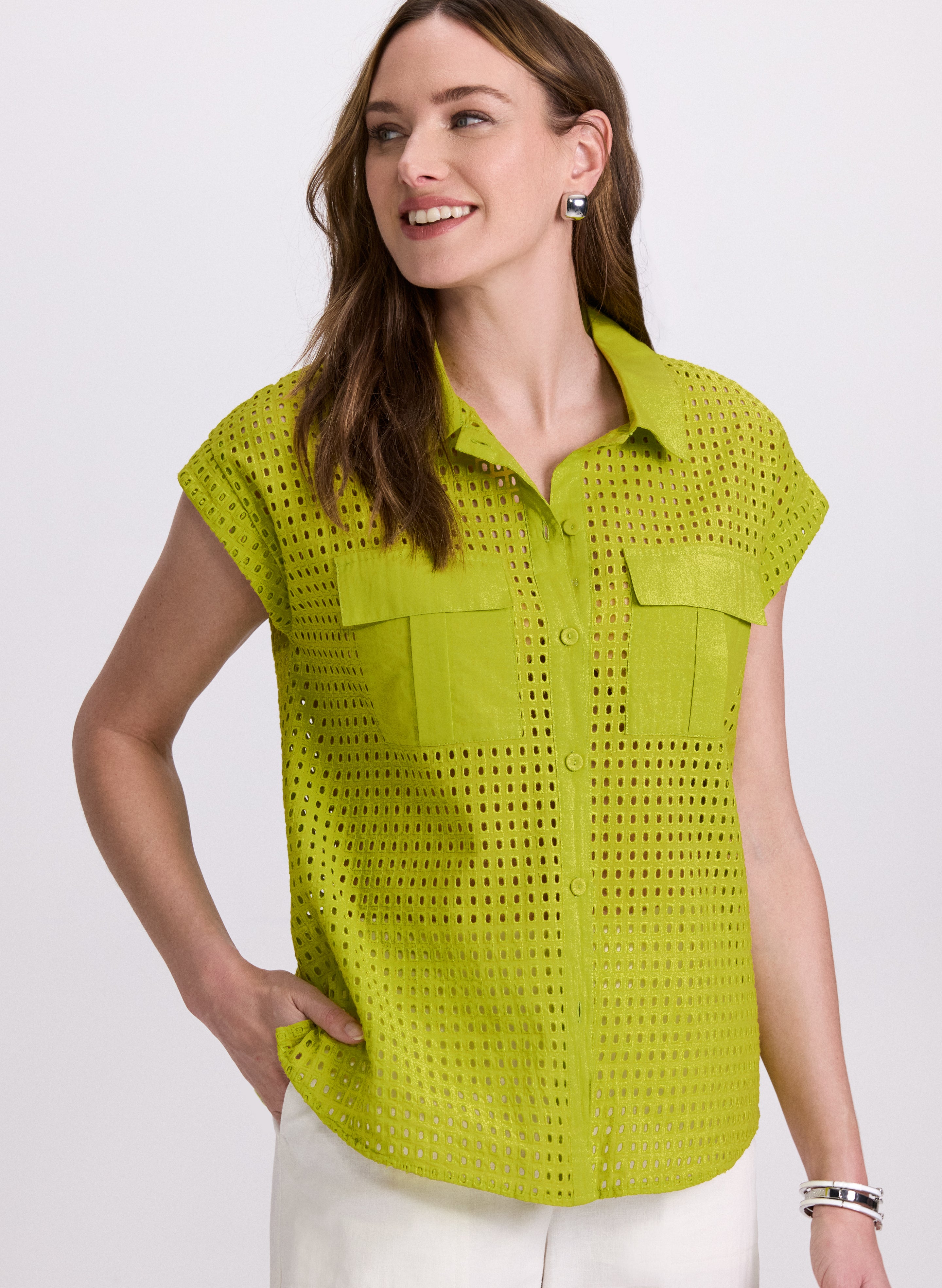 Stylish Eyelet Button Down Blouse for Women - Breathable Summer Office & Casual Wear