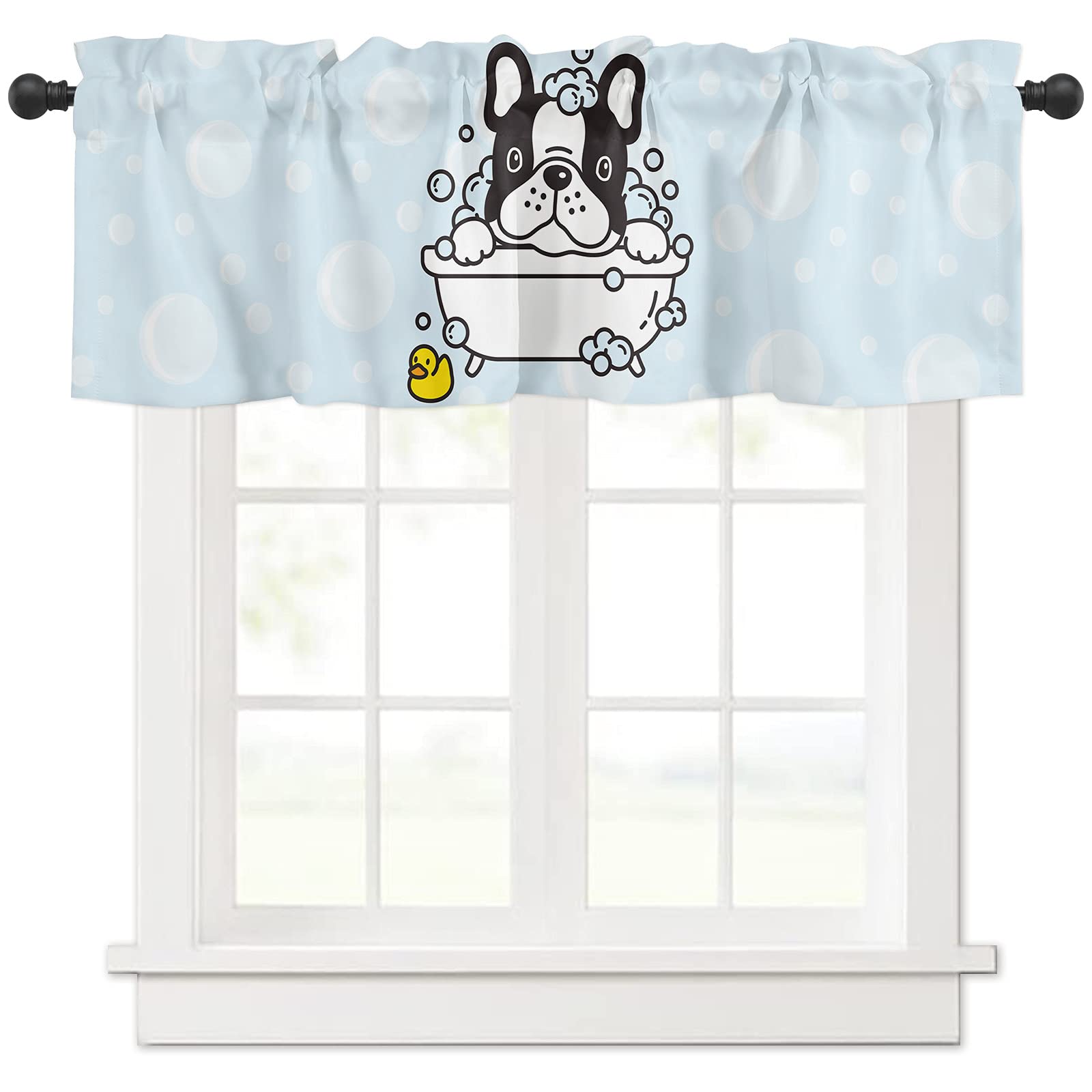 Cute Cartoon Bathing Dog Bulldog Blue Window Valance - Rod Pocket Cafe Curtain for Kitchen, Bedroom & Living Room - 1 Panel 54x18 Inches - Perfect for Farmhouse, Nursery & Pet-Friendly Home Decor