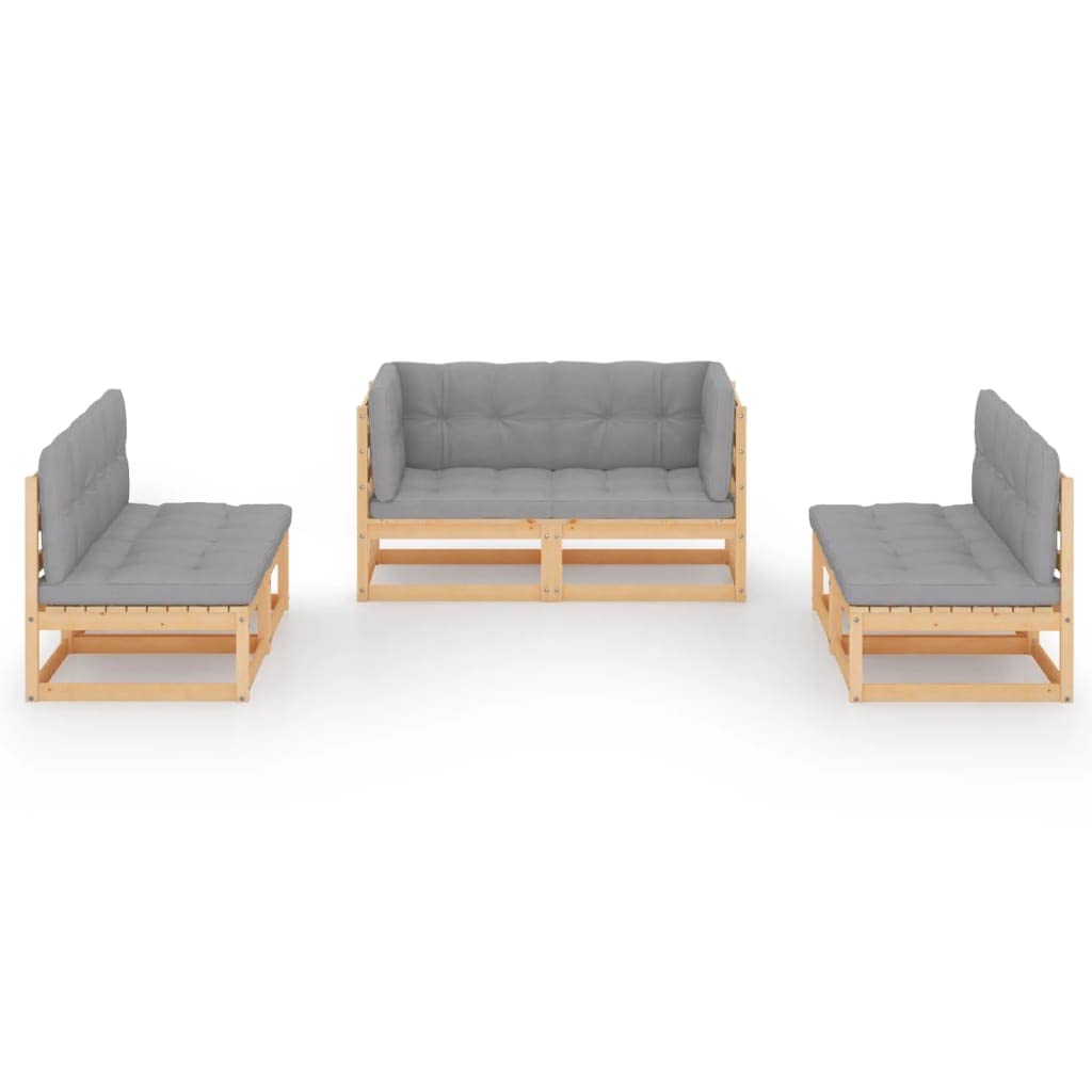 vidaXL 6-Piece Solid Pinewood Patio Lounge Set with Cushions | Outdoor Furniture for Garden, Deck & Backyard | Easy Assembly Gray Fabric Retro Style Sofa Set