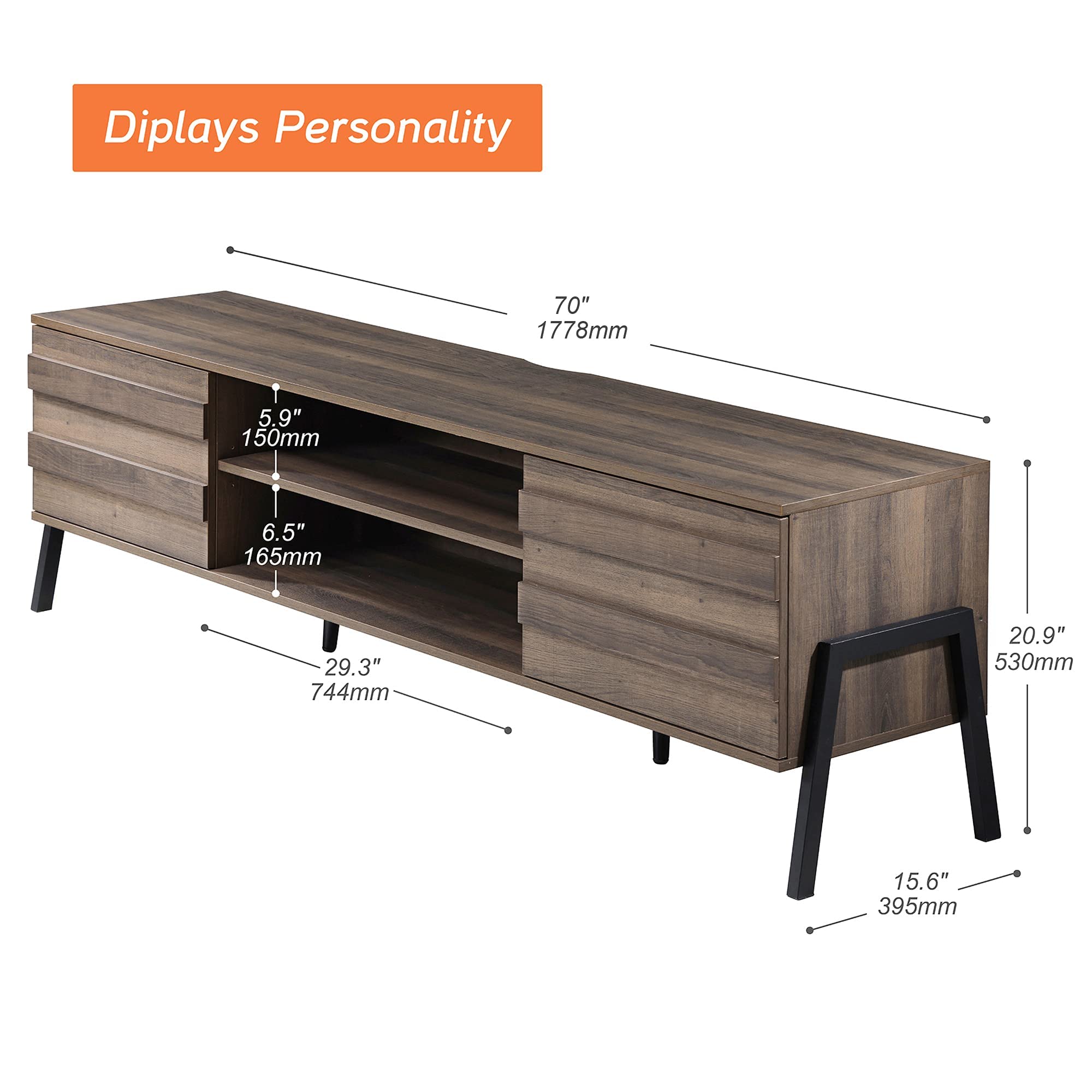 Mid-Century Modern TV Stand for 75 Inch TVs - Solid Wood Media Console with Storage Shelves, Entertainment Center for Living Room & Bedroom - Perfect for Home Theater Setup & Stylish Home Decor (70 Inch, Brown)
