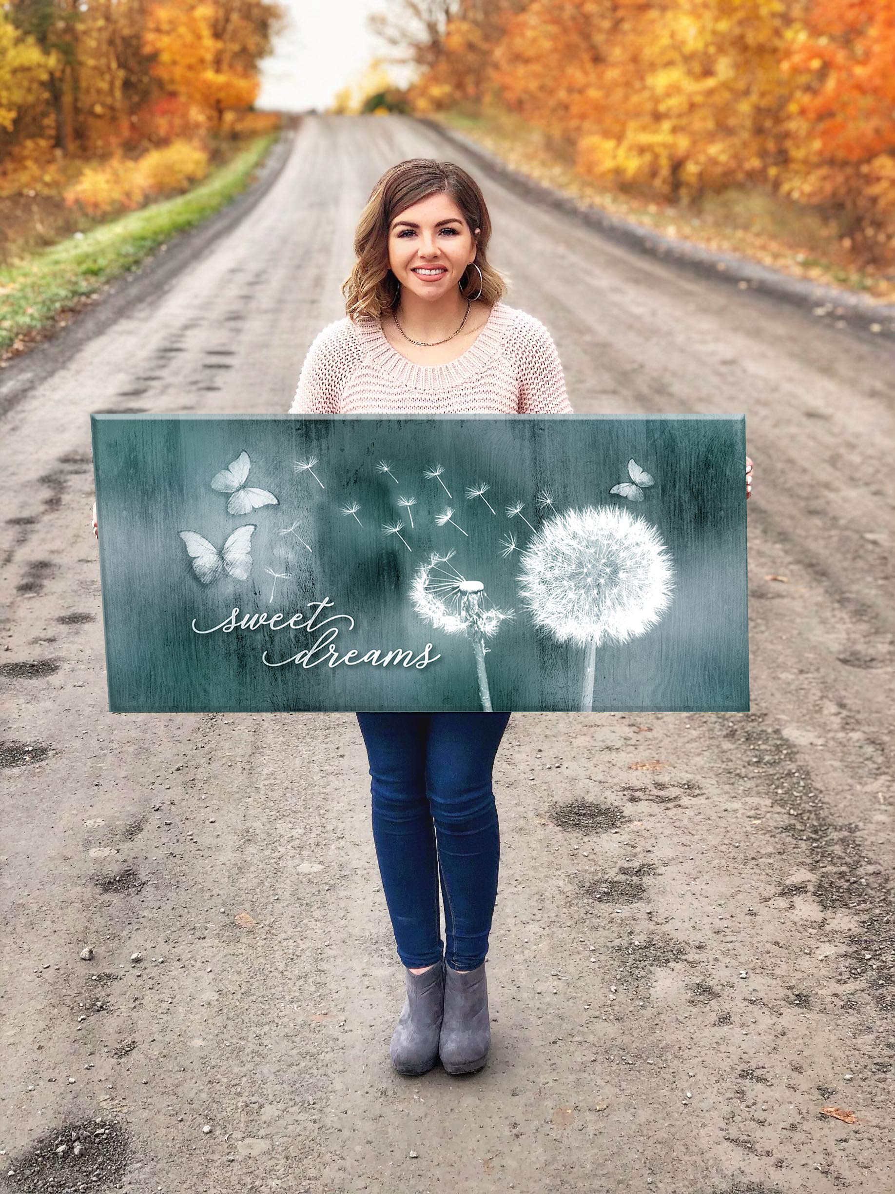 Sweet Dreams Dandelion Wall Art Decor - Large 42x19 Inch Teal Botanical Canvas Print for Master Bedroom, Above Bed Decor, Home & Office Wall Signs - Perfect for Boho, Farmhouse & Modern Interior Design Styles