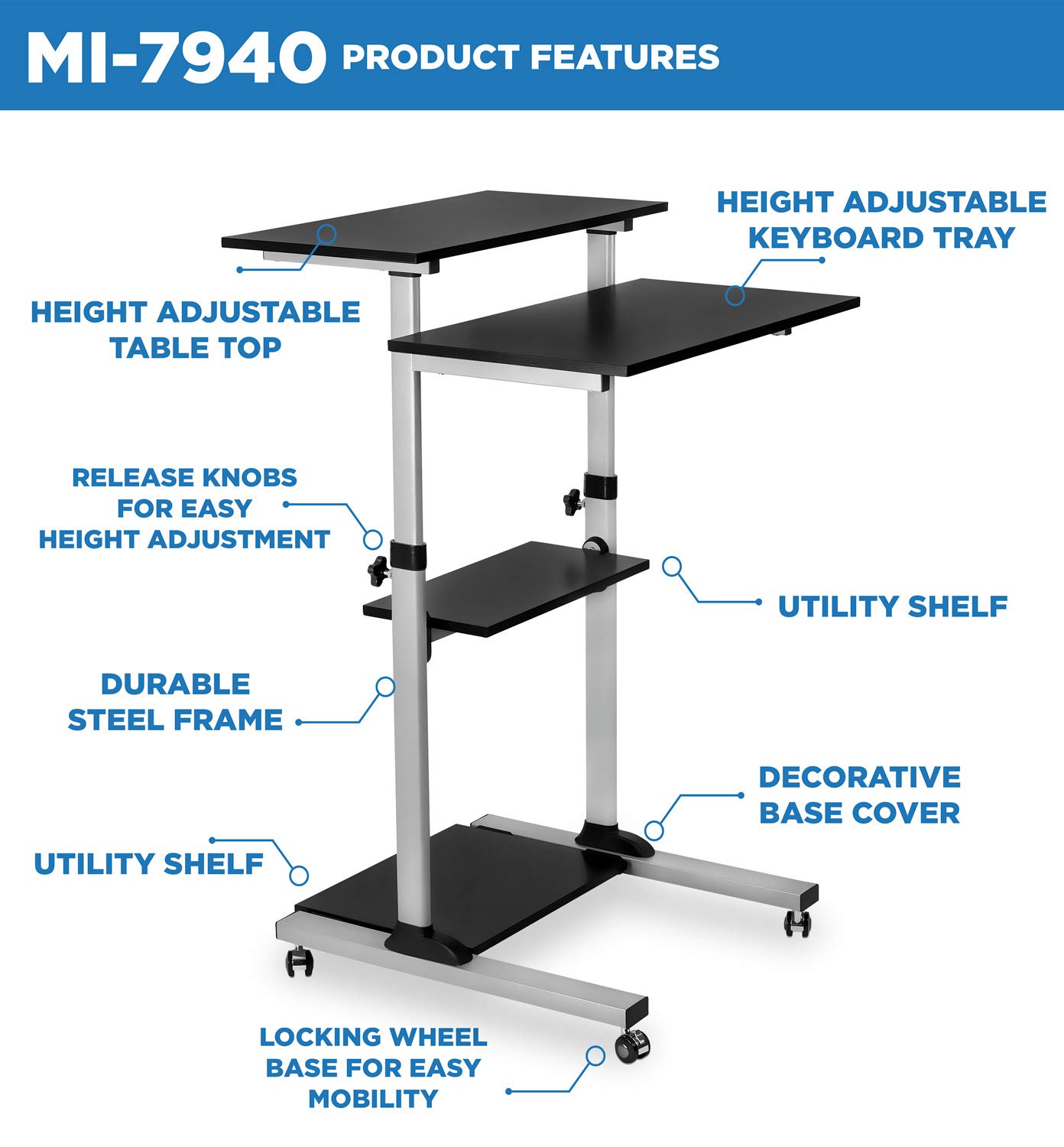 Mount-It! Adjustable Height Rolling Desk - 27.5