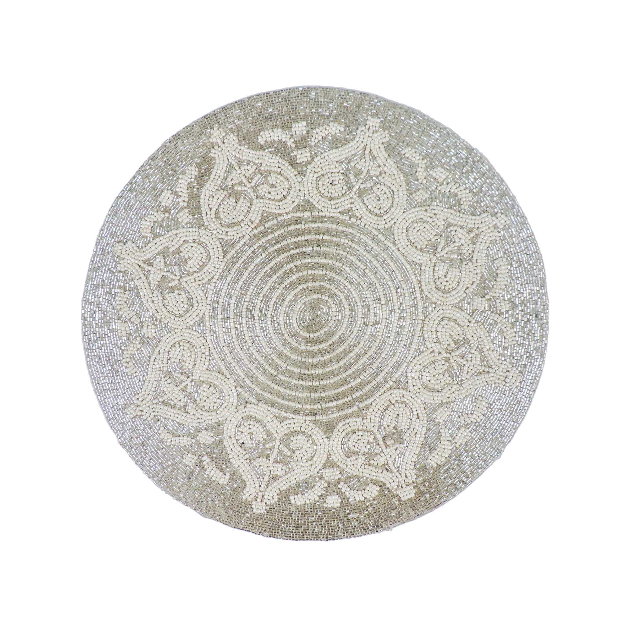 Trunkin Set of 2 Silver 14-inch Fabric/Glass Beaded Embroidered Placemats - Elegant Table Chargers & Dining Table Mats for Formal Dinner, Wedding Decor, Holiday Table Setting & Home Kitchen Decor
