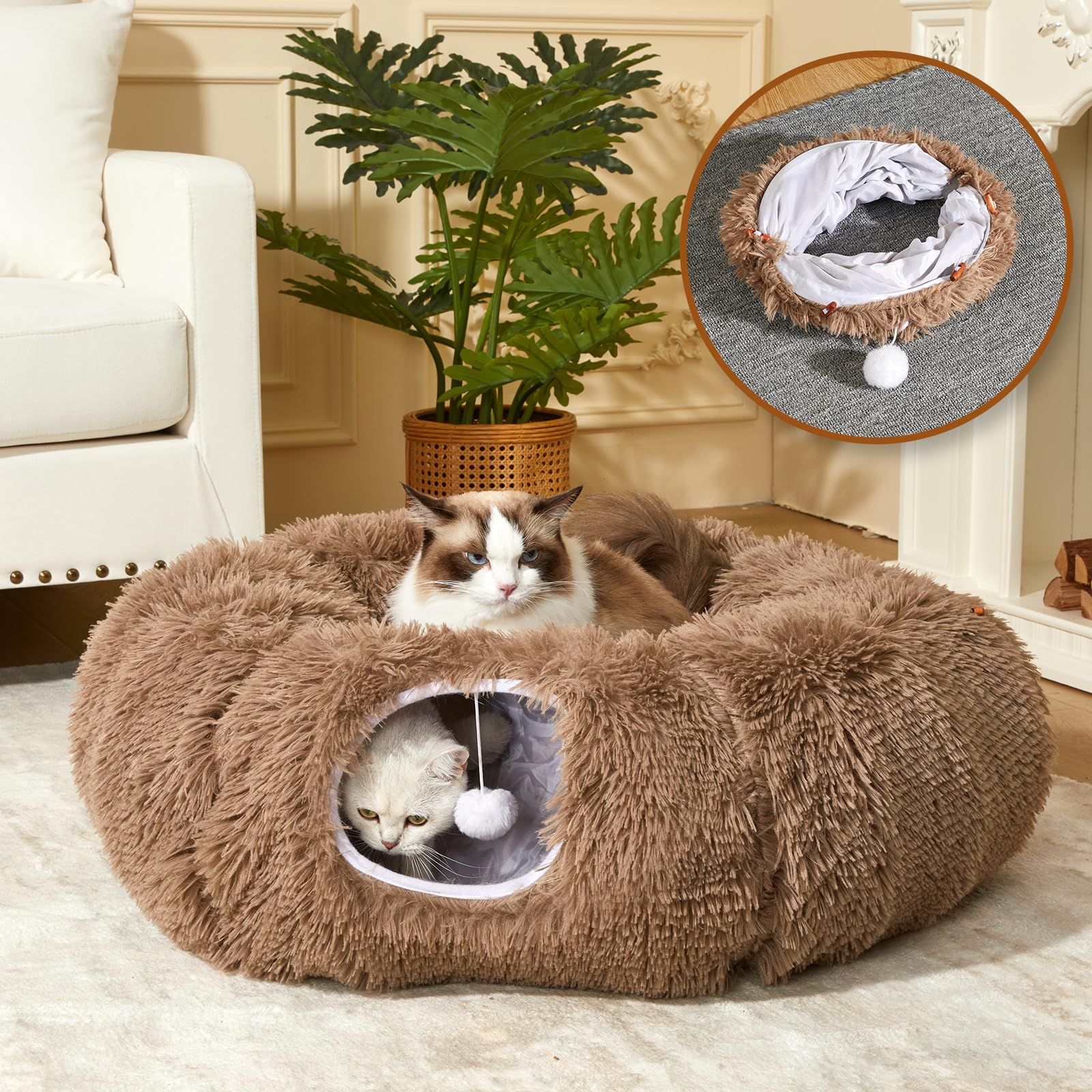 Washable Cat Tunnel Bed for Indoor Cats - 34 Inch Peekaboo Cat Cave with Donut Tunnel & Soft Circle Cushion - Cozy Playhouse for Kitty Hideouts, Napping & Interactive Play (Brown)