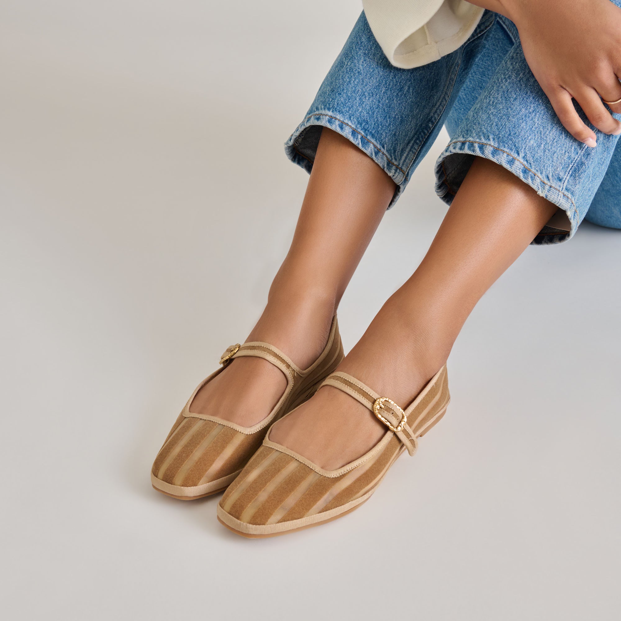 TAMEKA Women's Ballet Flats - Tan Stripe Mesh Slip-On Shoes for Casual Wear, Office & Travel | Comfortable & Stylish Loafers