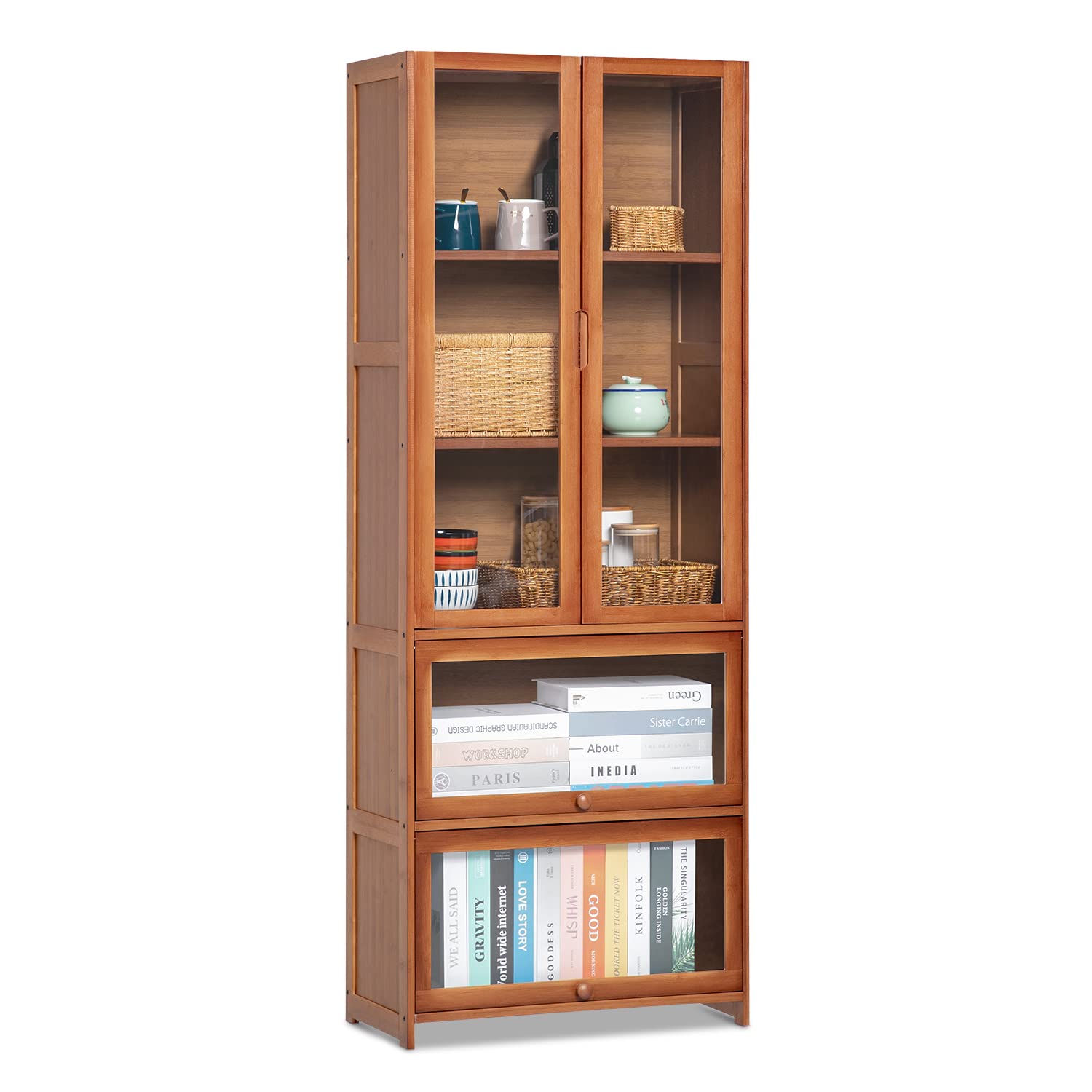 MoNiBloom 5-Tier Tall Storage Cabinet with Doors - Bamboo Sideboard Floor Standing Cupboard Display Shelf for Dining Room, Kitchen, Living Room - Perfect for Organizing Dishes, Books & Decor, Brown