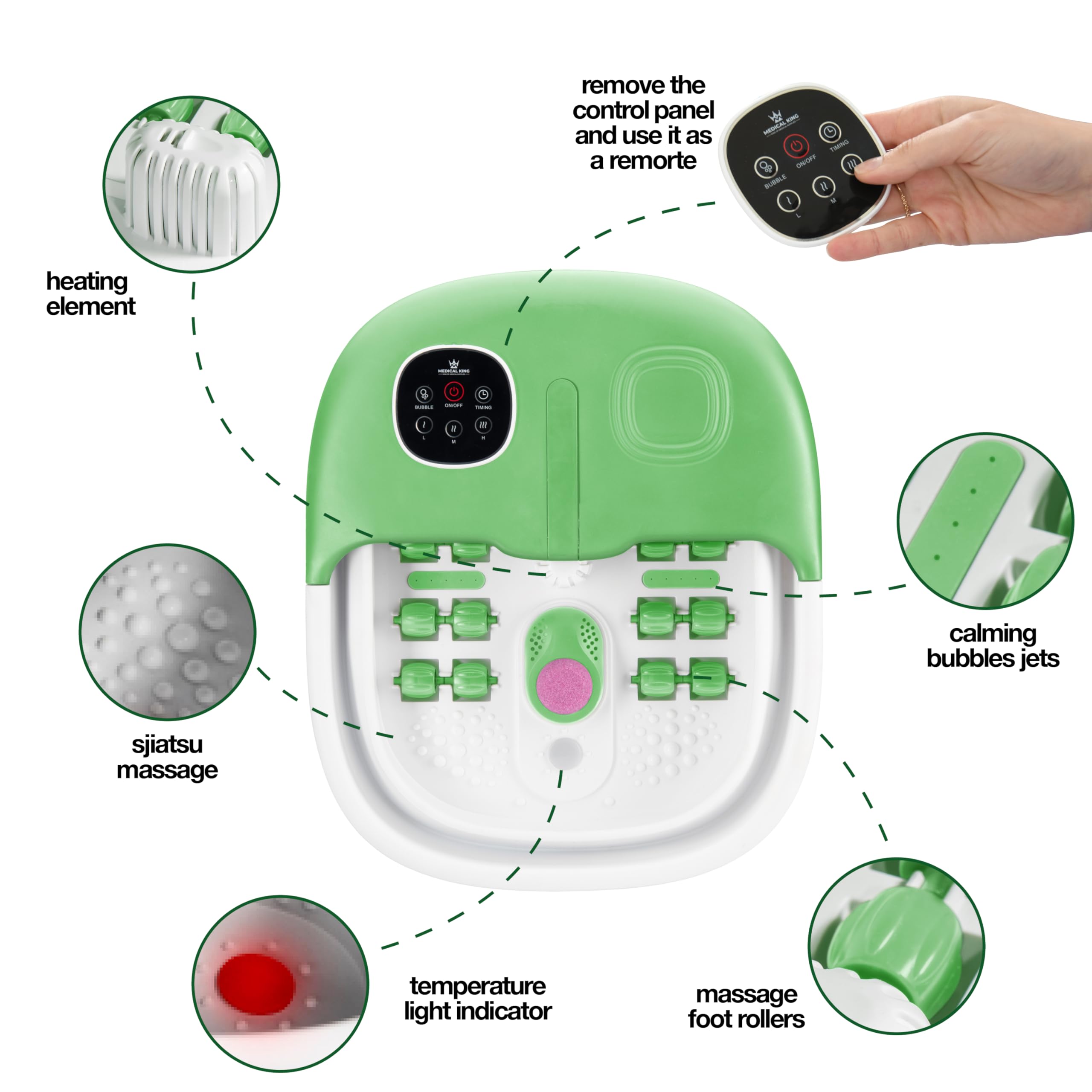 Medical King Collapsible Foot Spa with Heat, Massage Jets, Bubbles & Vibration - Remote Control & Pumice Stone Included | Portable Foot Massager for Relaxation, Pain Relief & Home Spa Treatment