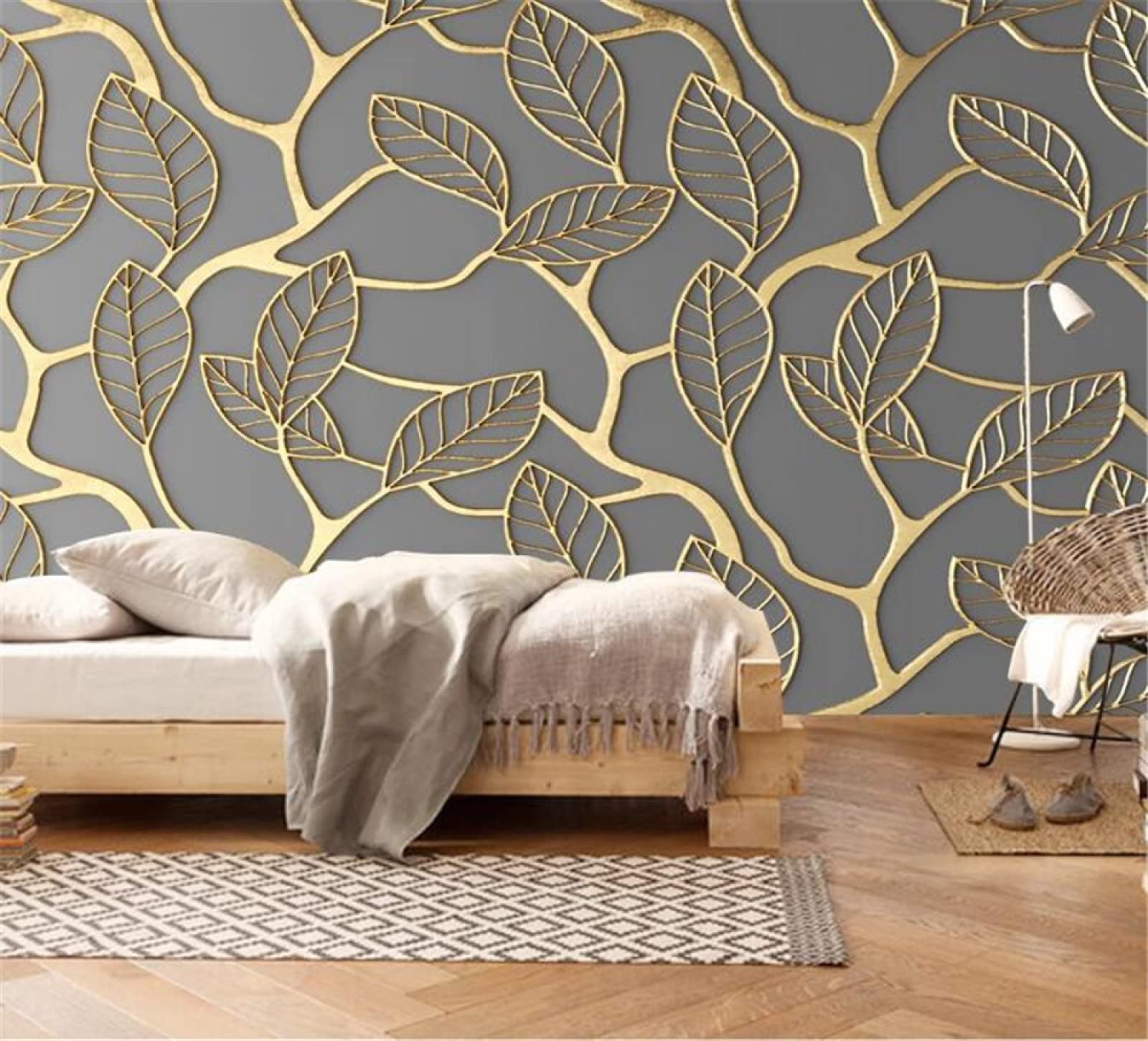 Golden 3D Leaf Wall Murals for Bedroom & Living Room - Elegant 3D Wallpaper for Teen Boys & Girls - Home Decor for TV Wall (118