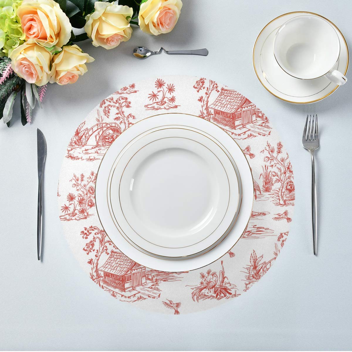 Chinoiserie Style Round Placemats Set of 4 - Non-Slip Heat Resistant Table Mats for Dining Decor, Perfect for Chinese New Year, Thanksgiving & Holiday Dinner Parties
