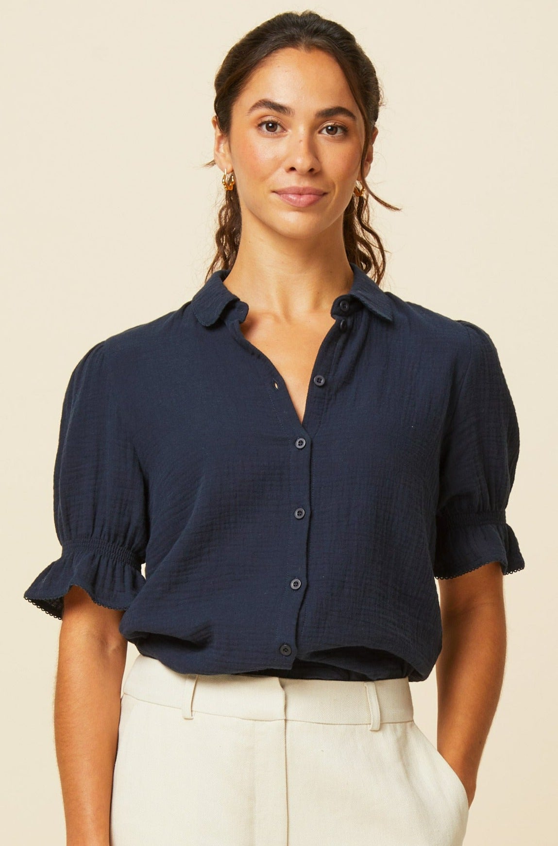 Olive Cheesecloth Blouse for Women - Soft & Breathable Navy Blue Top - Perfect for Casual Outings, Beach Cover-ups & Boho Style Outfits