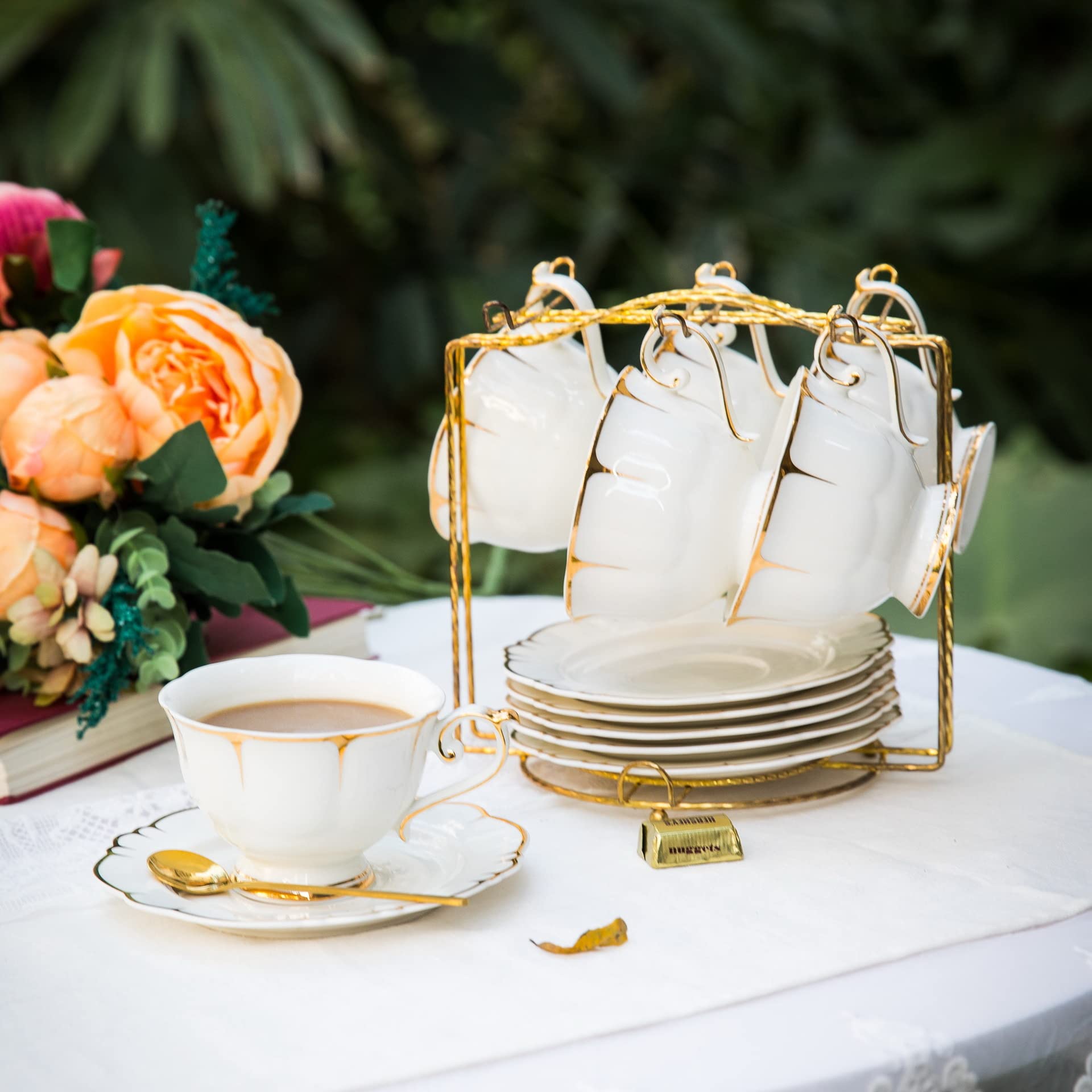 ACMLIFE Fine Bone China Tea Set for 6 - Elegant White Porcelain Tea Cups & Saucers - Perfect for Afternoon Tea Parties, Bridal Showers & Gift Giving - Ideal for Home Entertaining & Special Occasions