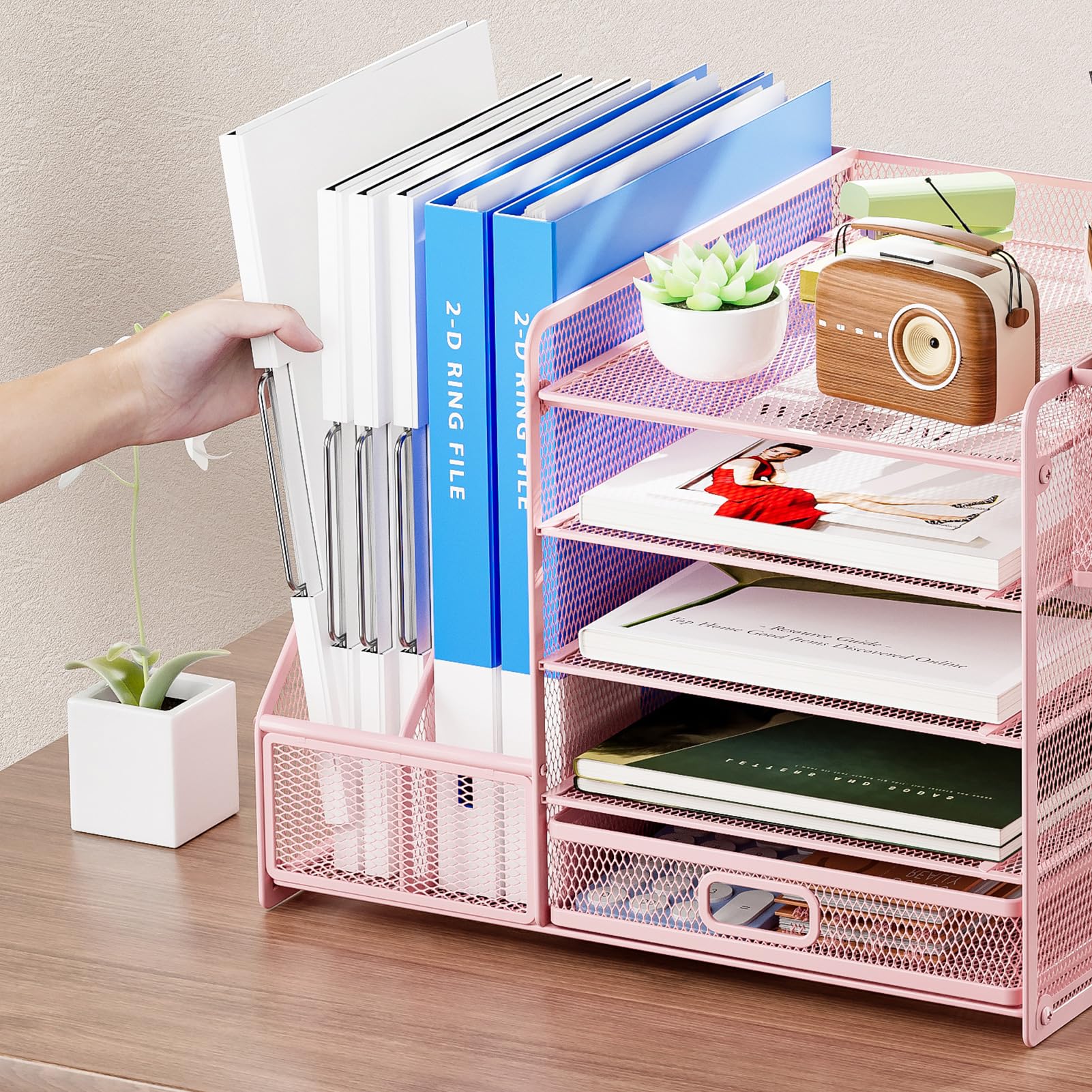 5-Tier Mesh Desk Organizer with File Holder, Drawer & Pen Holders - Pink Office Storage for Paper, Magazines & Supplies | Perfect for Home & Office Workspace Organization