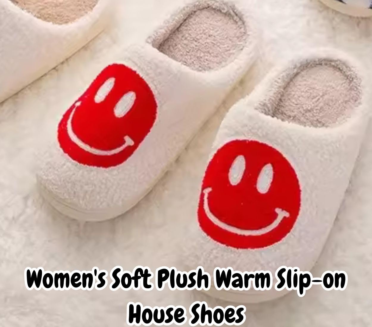 Women's Smiley Face Slippers - Soft Plush Warm Slip-On House Shoes for Indoor & Outdoor Use | Cozy Retro Women's Slippers for Home, Lounge & Relaxation