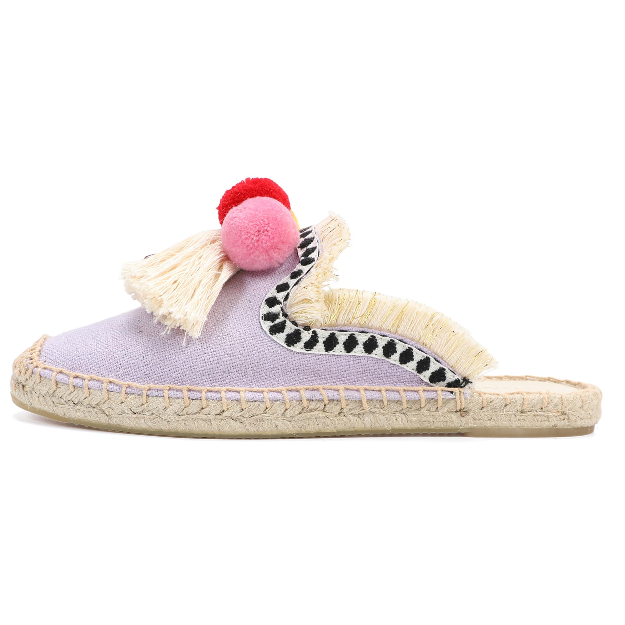 Women's Comfortable Mule Flat Shoes with Tassel & Pompom - Soft Espadrilles Slides Backless Slippers for Summer, Beach, and Casual Wear