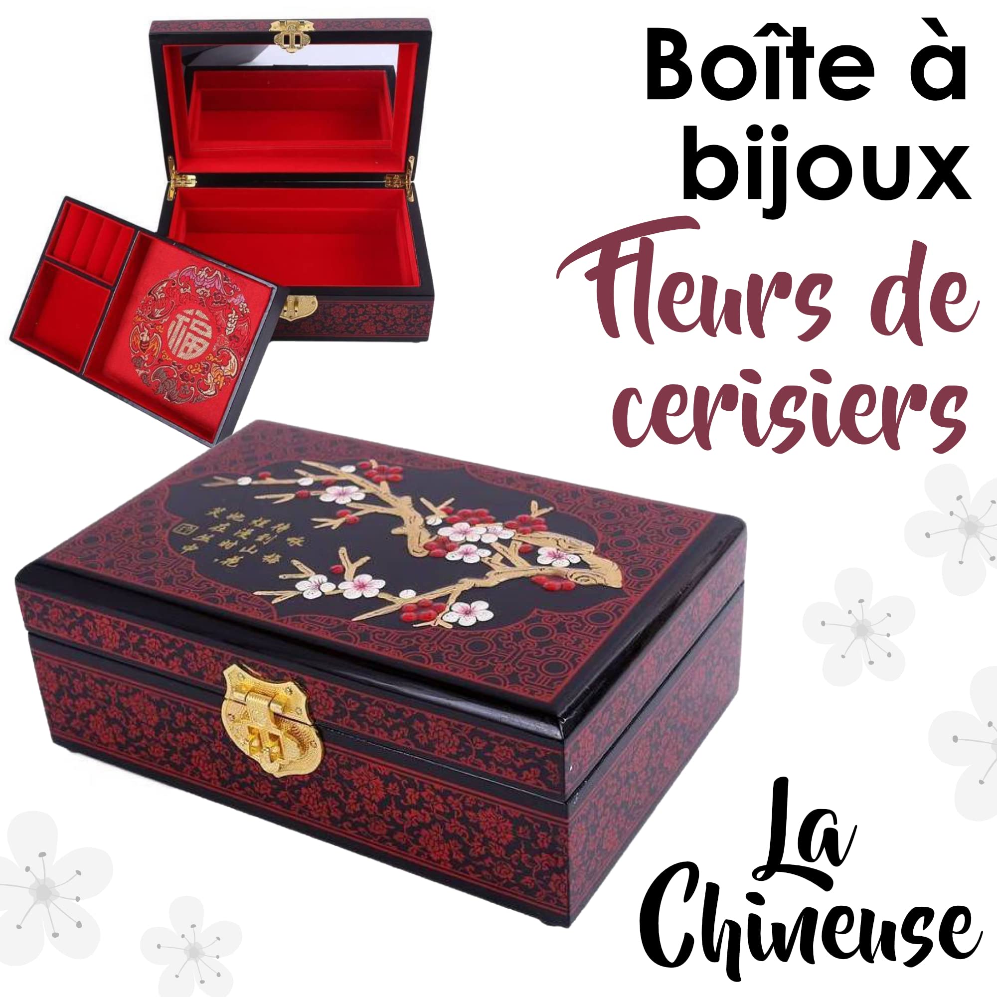 Lacquered Jewelry Box with Cherry Blossom Design - Elegant Black and Red Finish for Women's Accessories Storage | Perfect for Gift Giving, Home Decor, and Organizing Rings, Necklaces & Earrings