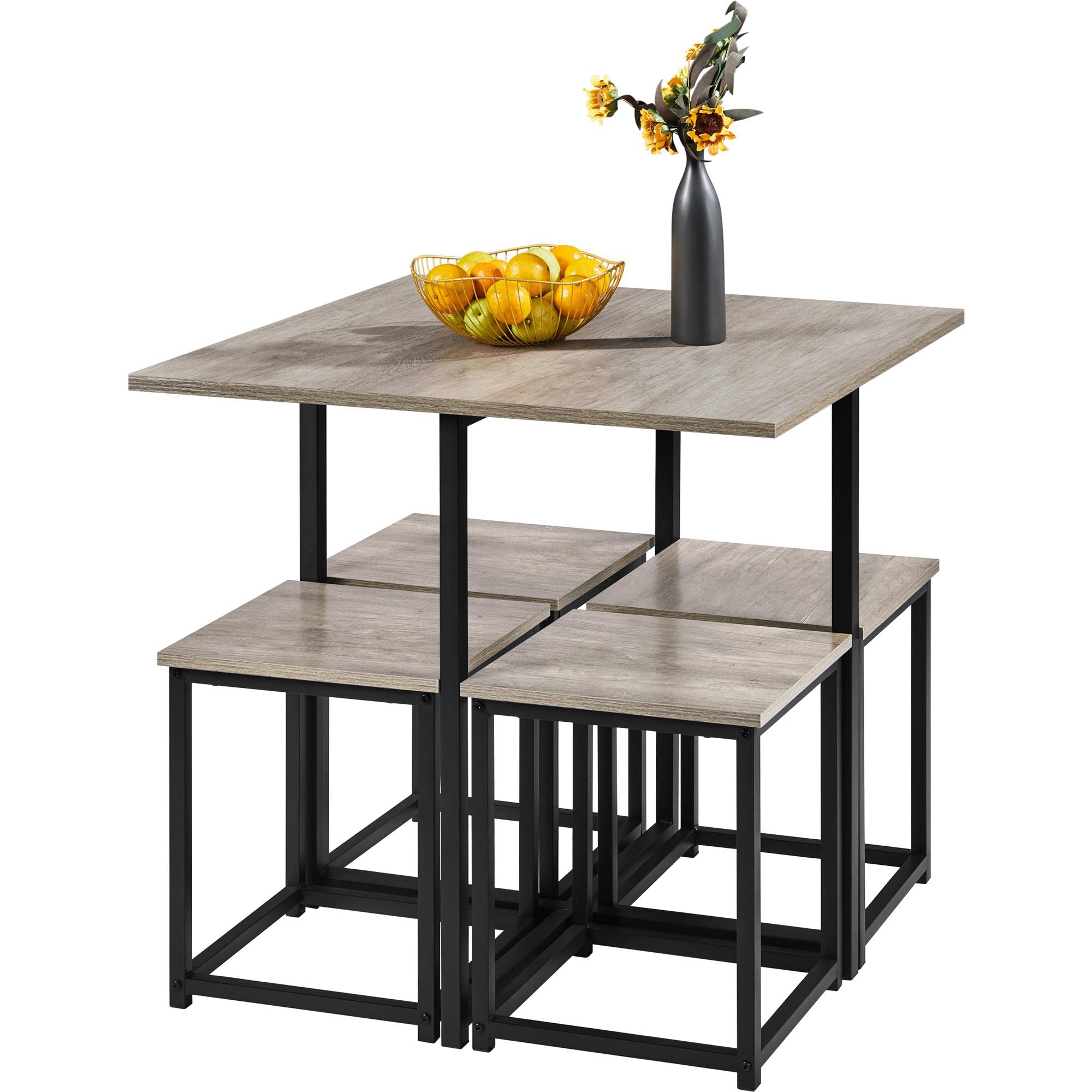 Topeakmart 5-Piece Kitchen Table and Chair Set with Square Table & 4 Backless Stools - Compact Dining Set for Small Spaces, Breakfast Nook, Kitchen, or Dining Room in Modern Gray - Perfect for Apartments, Studios, and Cozy Homes