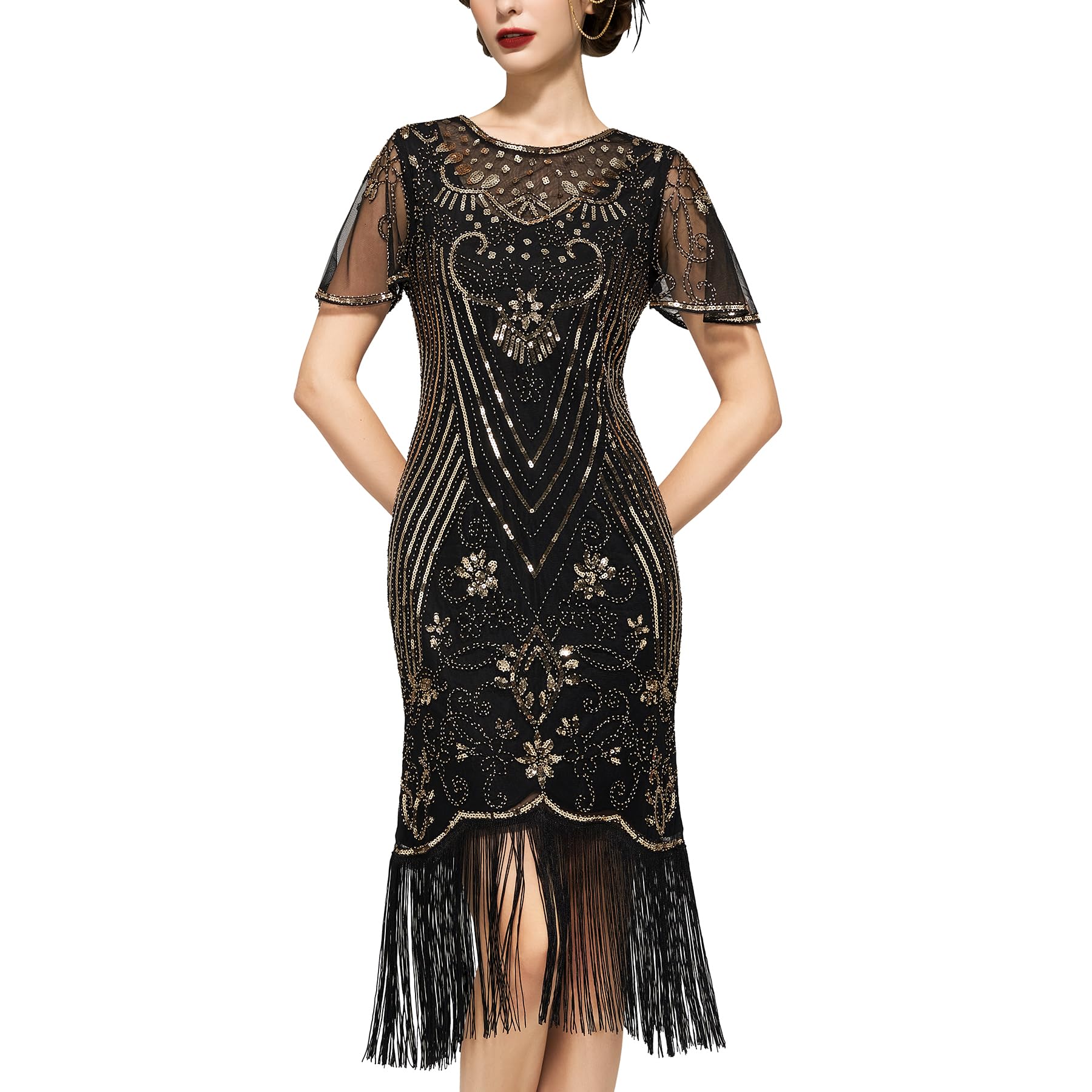 Vintage 1920s Flapper Dresses for Women - Roaring 20s Great Gatsby Style Sleeve Dress with Crew Neck | Perfect for Harlem Nights, Gatsby Parties & 1920s Themed Events