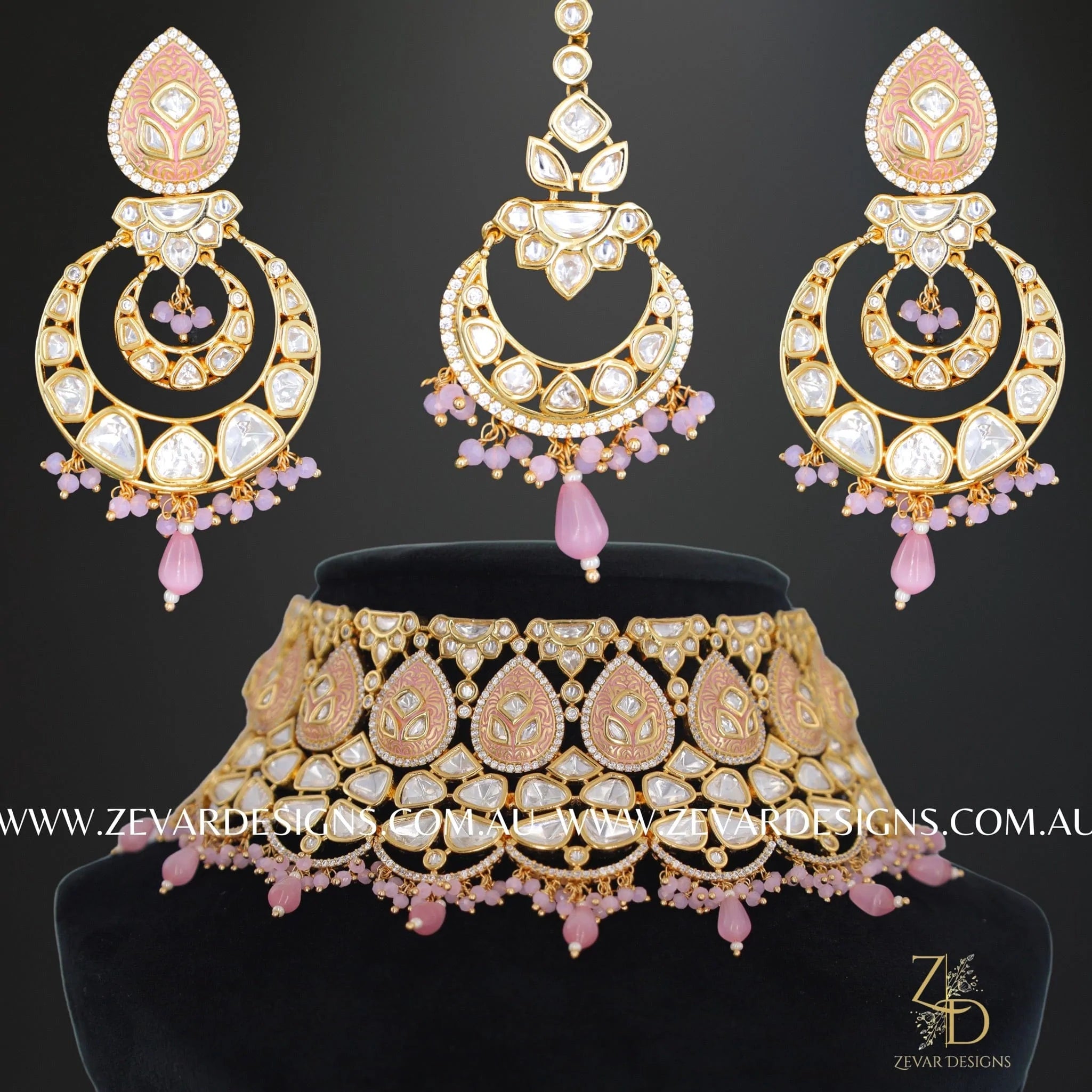 Exquisite Designer Kundan Polki Necklace Set with Tikka - Pink Bridal Jewelry for Weddings, Parties & Special Occasions