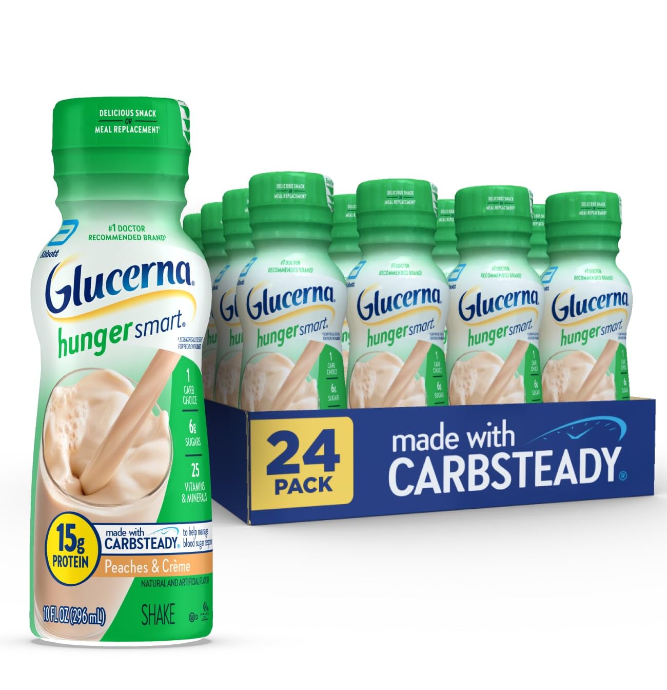 Glucerna Hunger Smart Shake - Diabetic Nutritional Drink for Blood Sugar Control with 15g Protein & 180 Calories | Peaches & Crème Flavor | 10 fl oz Bottles (Pack of 24) | Ideal for Meal Replacement, On-the-Go Nutrition & Diabetes Management