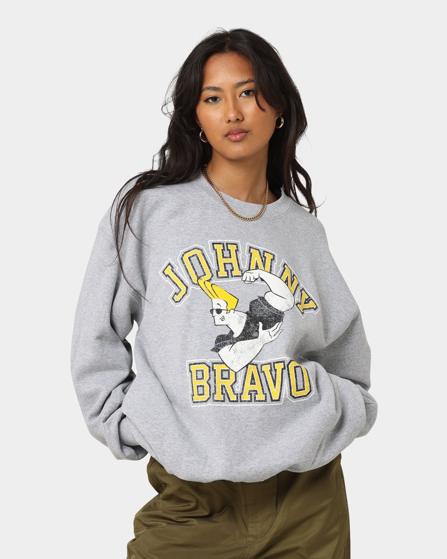 Johnny Bravo Crewneck Sweatshirt - Grey Vintage Graphic Hoodie for Men & Women | Casual Streetwear, Retro Cartoon Fashion, Unisex Pullover for Everyday Wear