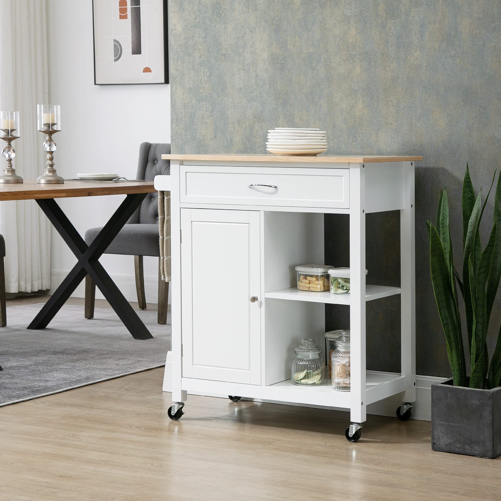 HOMCOM White Kitchen Island Cart with Drawer & Storage Shelf - Solid Wood Top for Dining Room & Small Spaces
