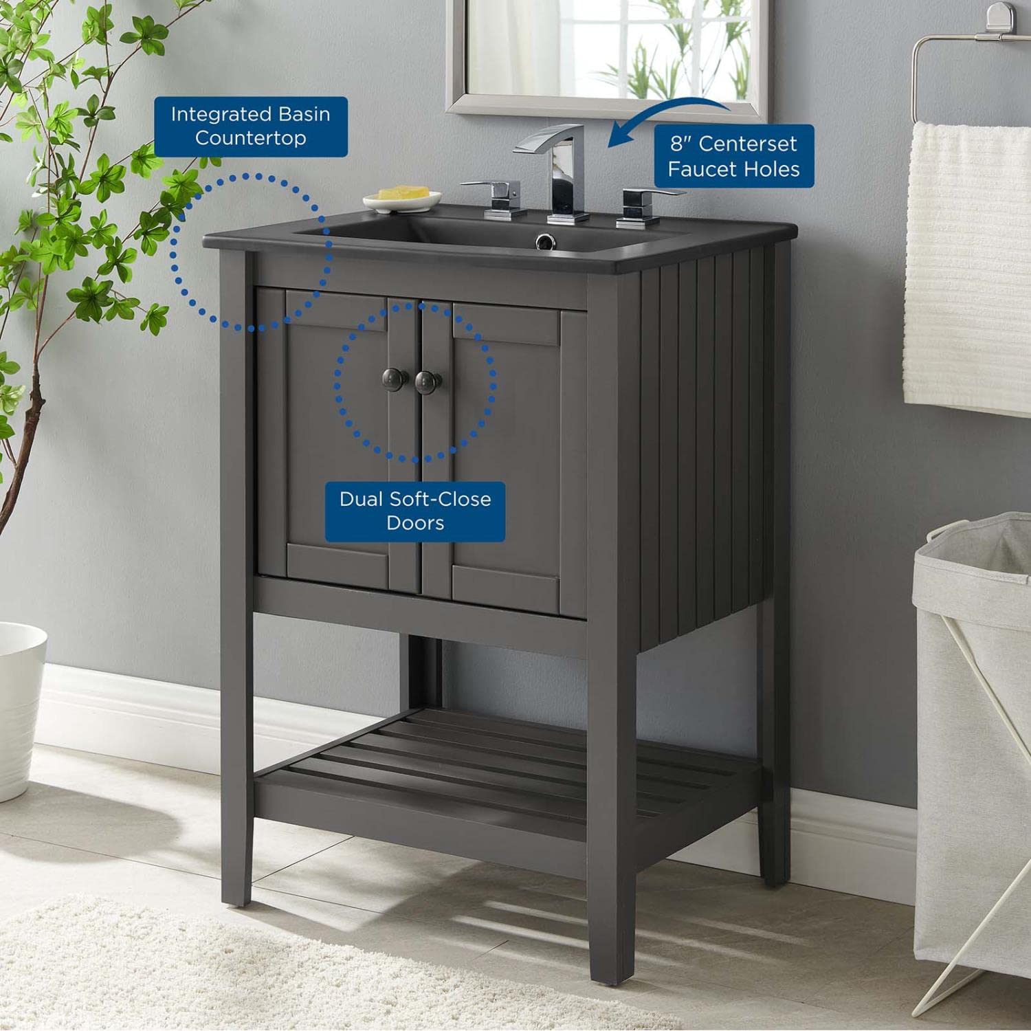 Modway Prestige 24 Inch Gray Black Bathroom Vanity with Sink - Modern Space-Saving Storage Solution for Small Bathrooms & Powder Rooms