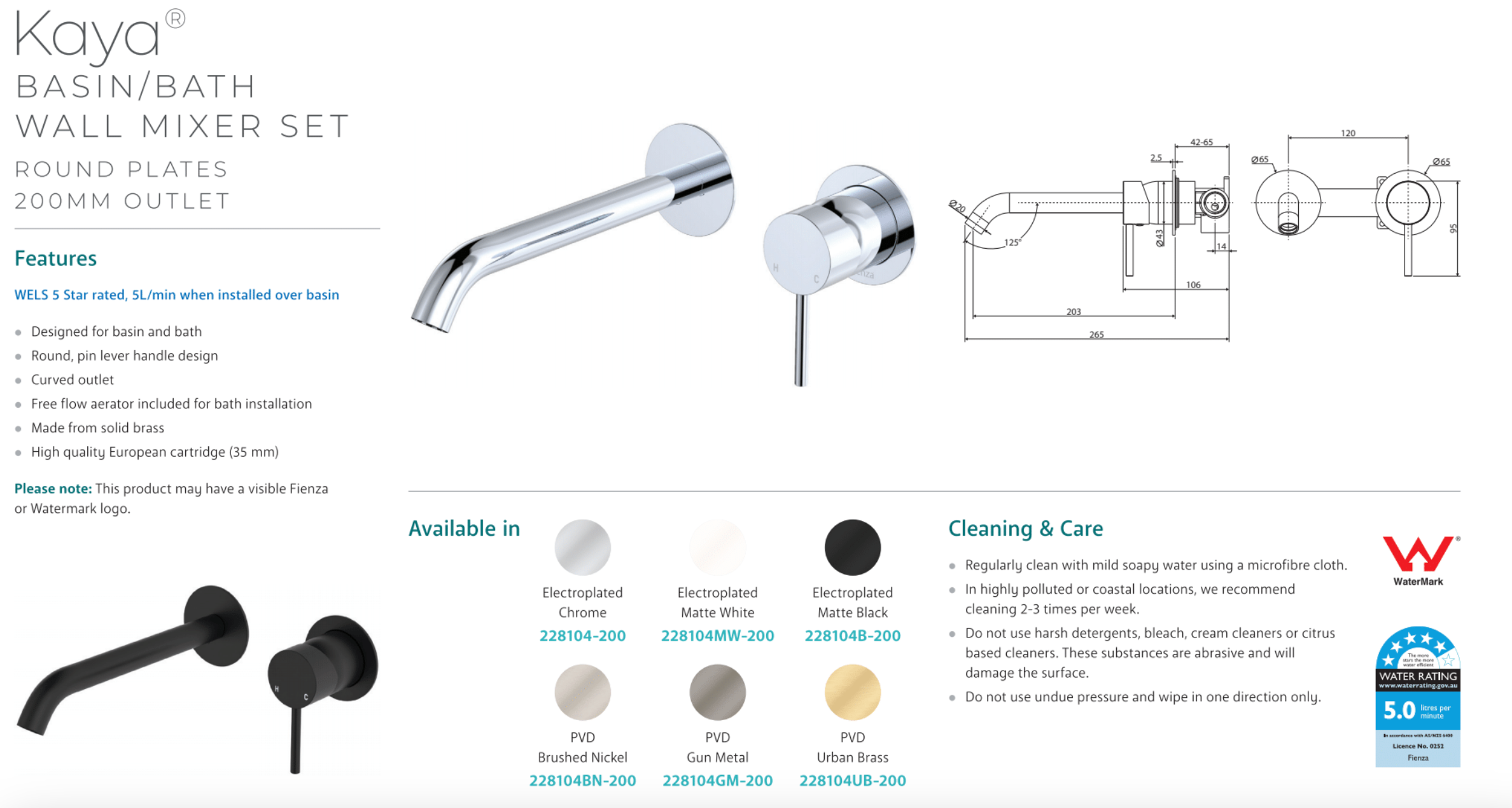 Fienza 228104MW 200 Kaya Wall Mounted Bathroom Basin Mixer Set - 200mm Round Plate Matte White Finish - Perfect for Modern Bathroom and Vanity Sink Installation