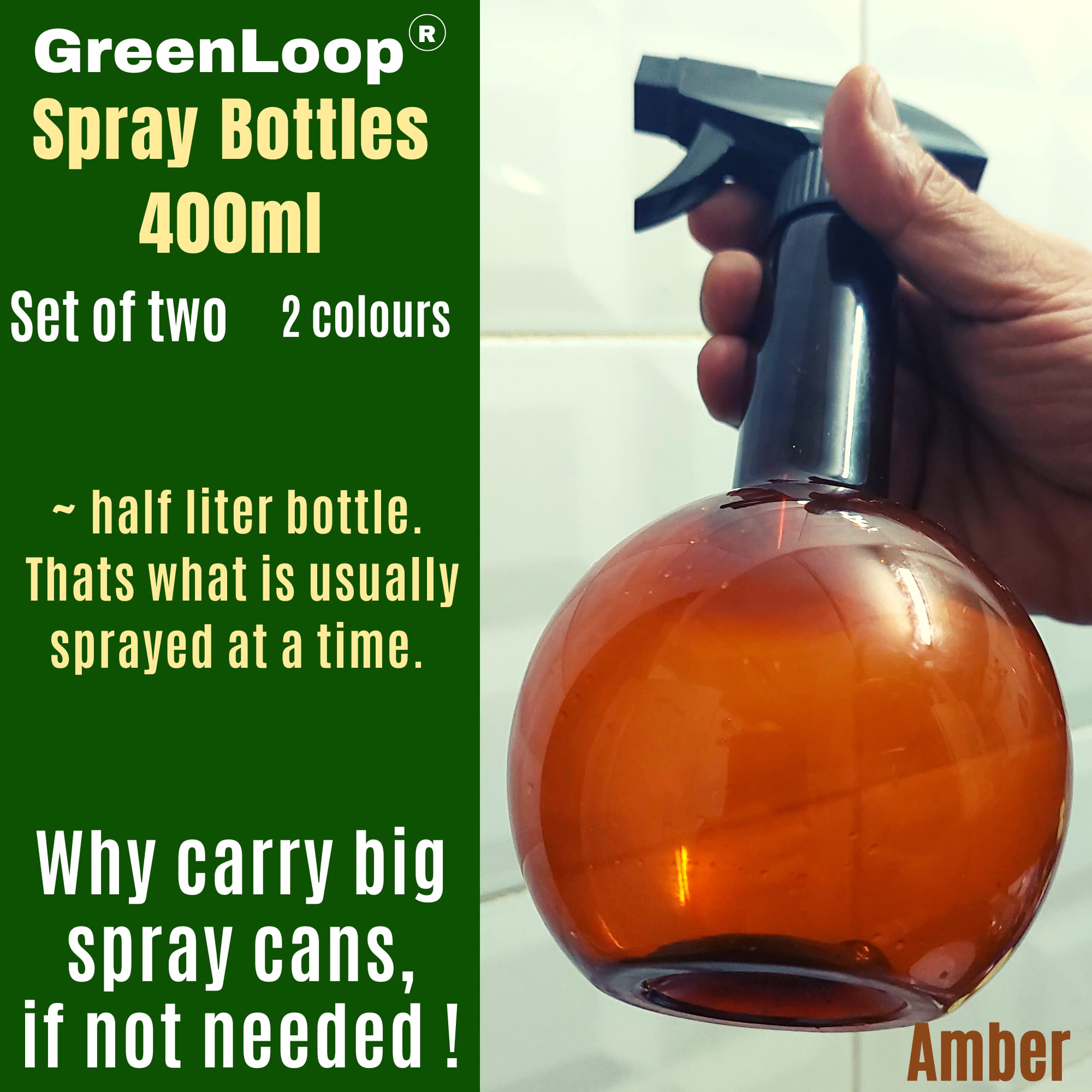 GreenLoop 400ml Spray Bottles Set of 2 - Amber & Green PET Plastic with Trigger Sprayer for Cleaning, Gardening & DIY Projects
