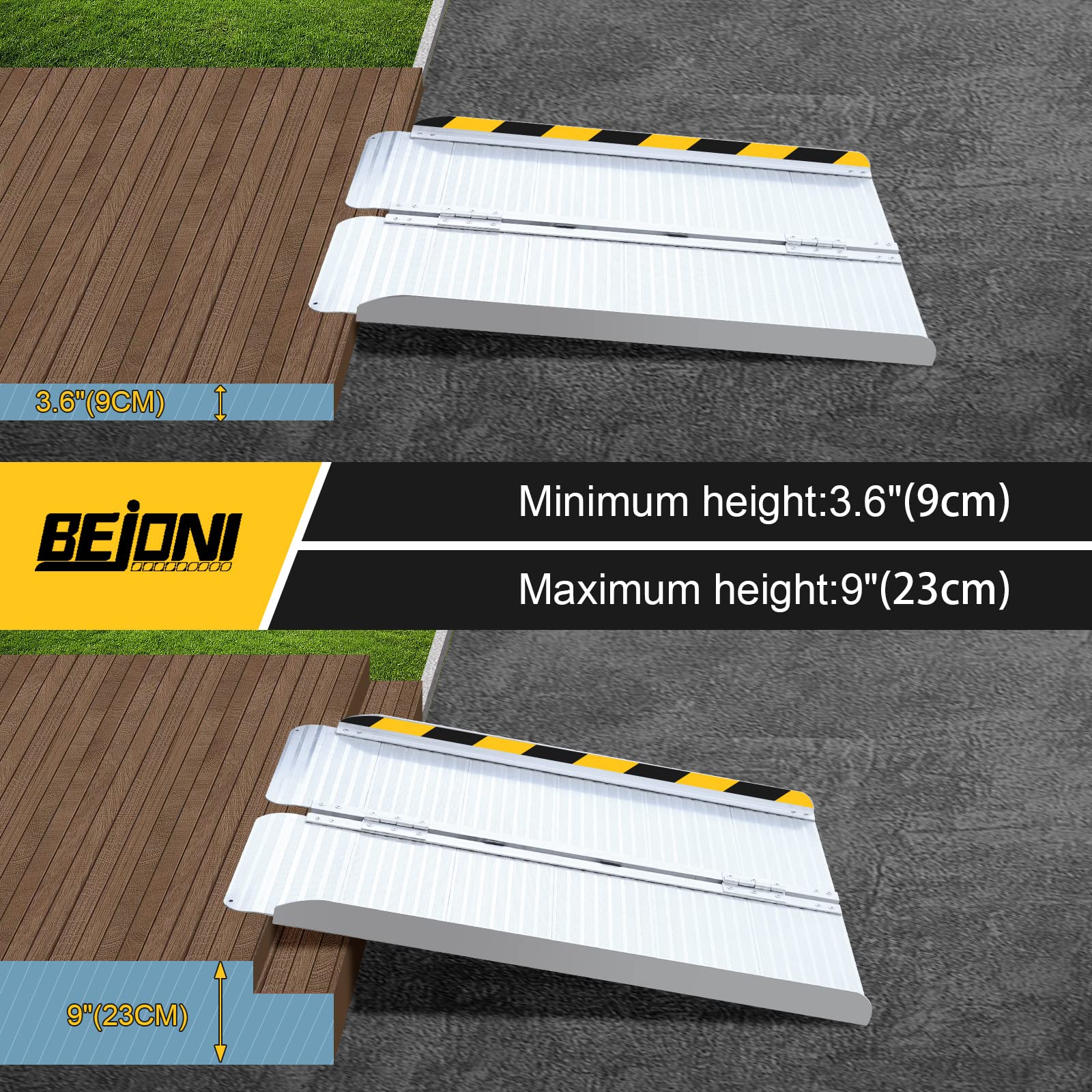 BEJONI 3FT Portable Wheelchair Ramp - Lightweight Aluminum Threshold Ramp for Home Steps & Doorways - Non-Slip Surface for Safety - Ideal for Elderly, Disabled & Mobility Assistance (Home & Outdoor Use)