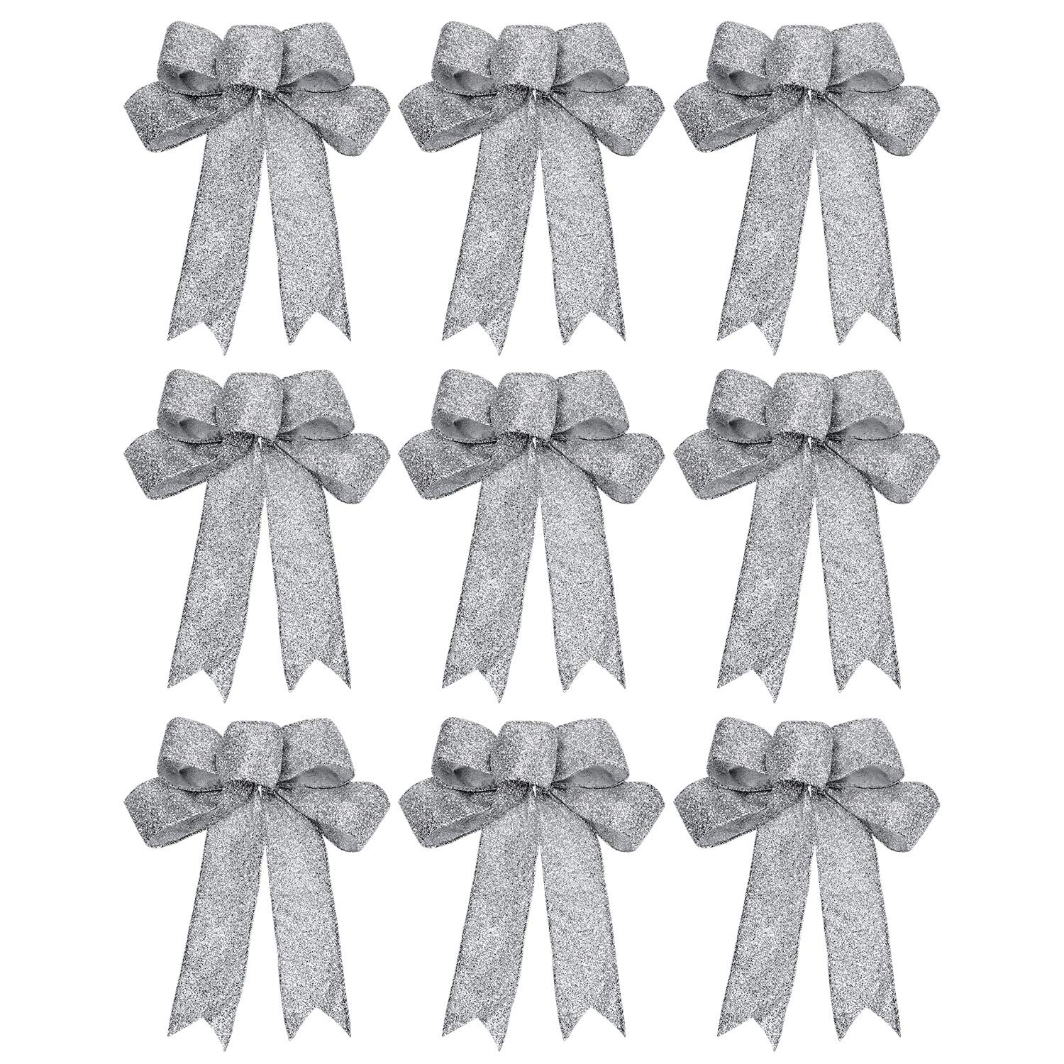 WILLBOND 9-Piece Silver Glitter Christmas Ribbon Bows Set - Elegant Holiday Wreath & Party Decorations for Tree, Gift Wrapping & Festive Home Decor