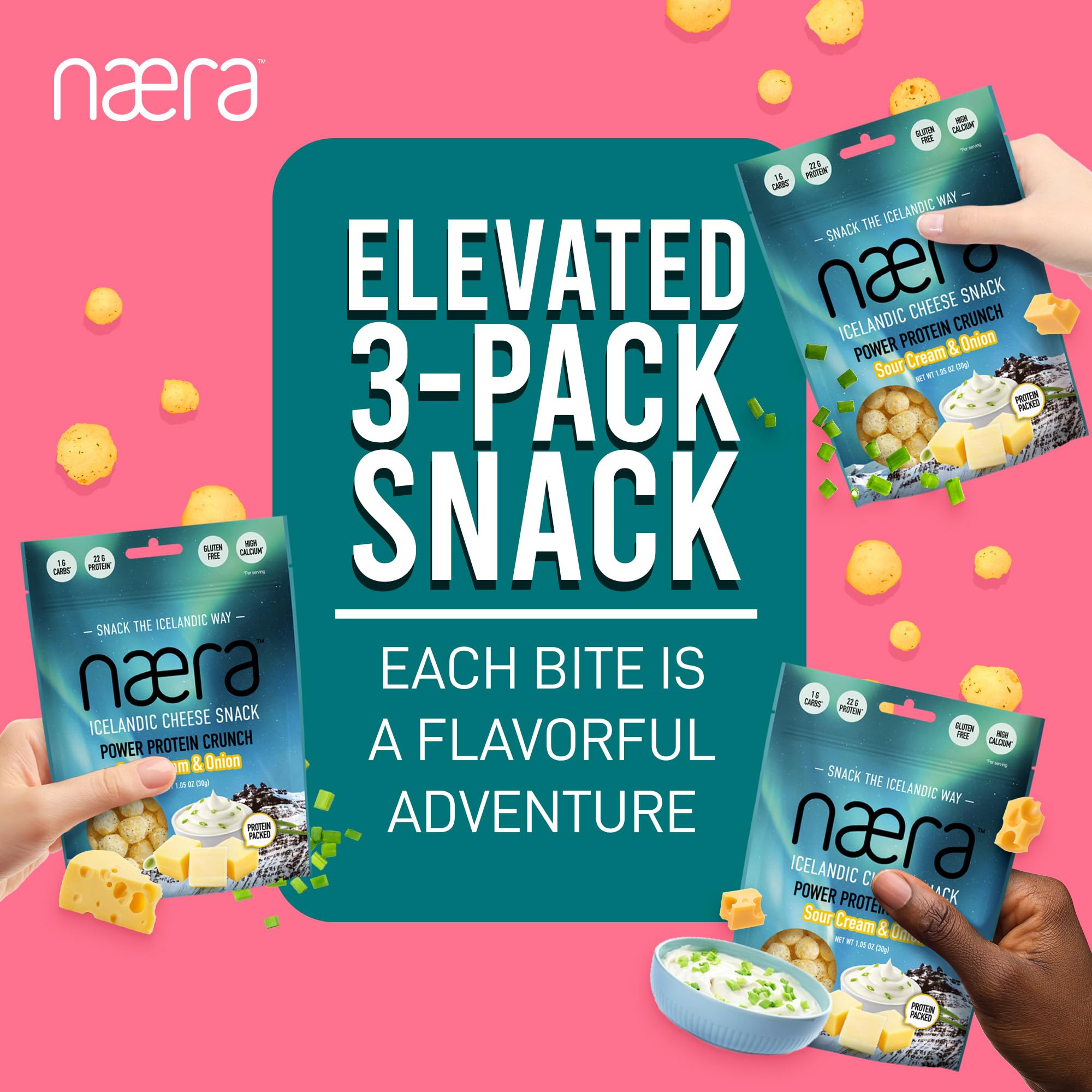 Næra Icelandic - 3-Pack Sour Cream & Onion 100% Cheese Crunch Protein Snacks | Keto Friendly, Gluten-Free, High Protein | Natural Snacks for Adults & Kids (1.05 oz each) | Perfect for On-the-Go, School Lunches & Office Snacking