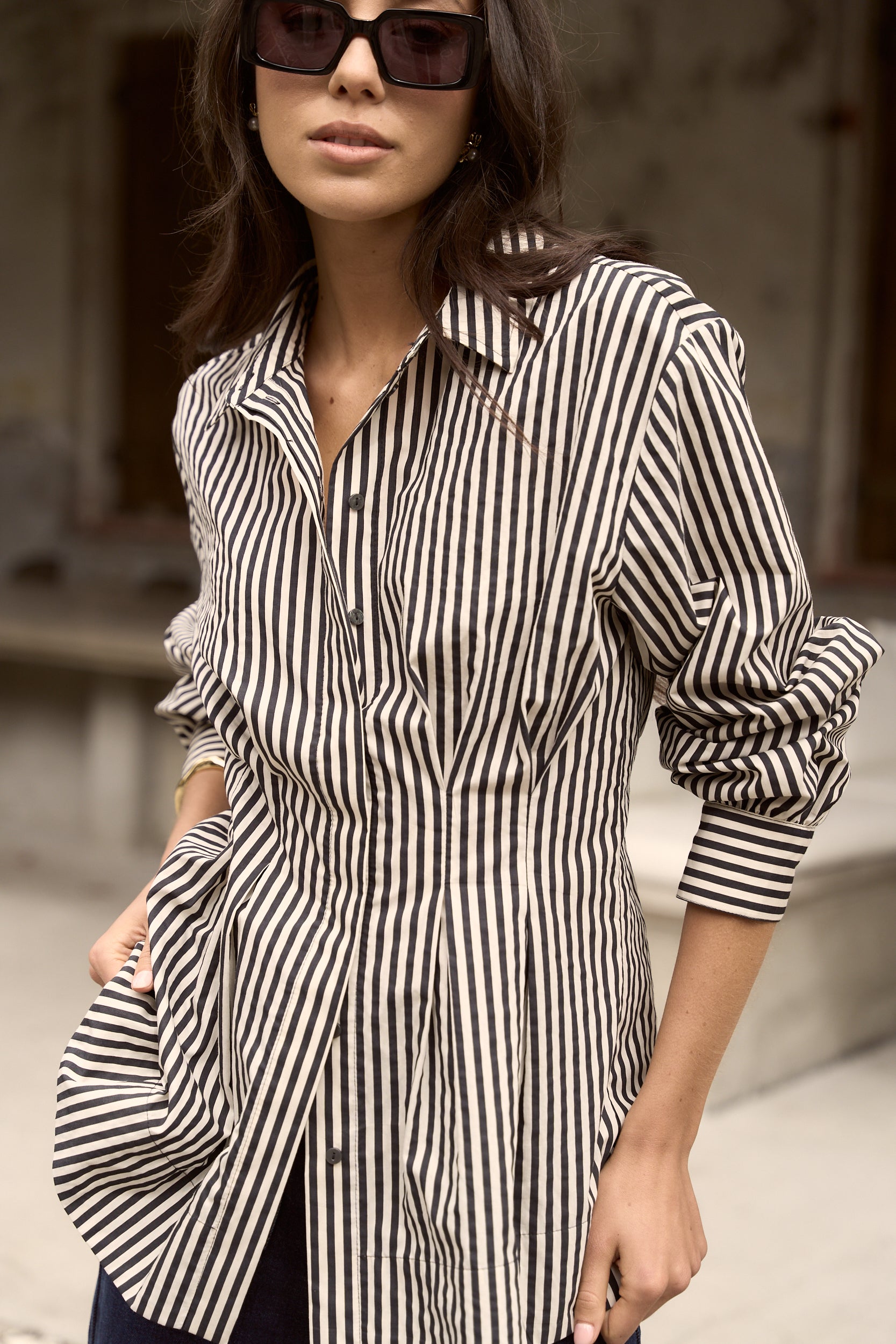 Black Striped Fitted Corset Shirt for Women - Sexy Bodycon Tops for Night Out & Date Night