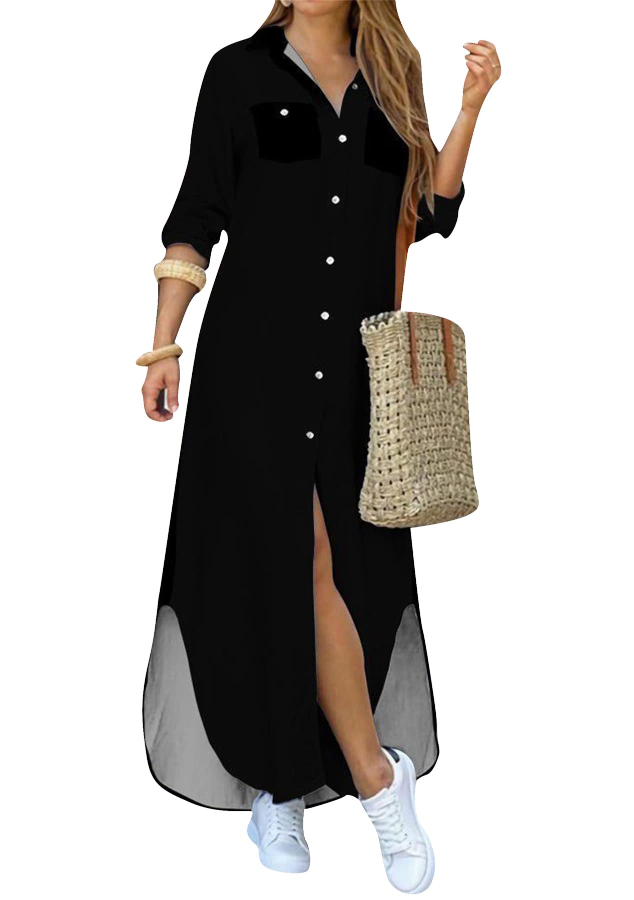 GRASWE Women's V-Neck Button Down Maxi Dress with Pockets - Stylish Casual Long Sleeve T-Shirt Dress for Work, Date Night & Everyday Wear