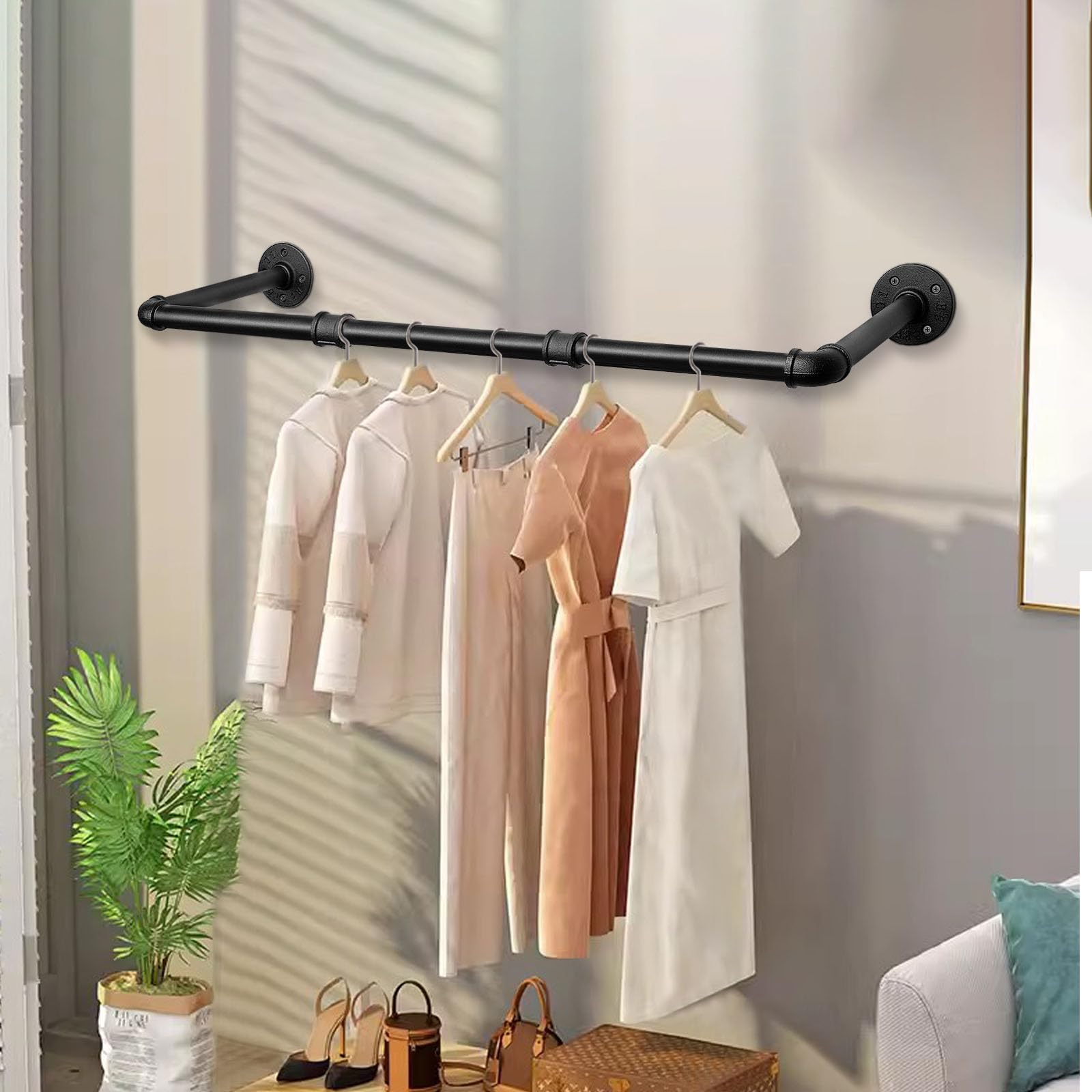 Heavy Duty Industrial Iron Pipe Clothes Hanging Bar - DIY Wall Mounted Garment Rack for Bedroom, Laundry Room & Closet Storage | Perfect for Organizing Clothes, Towels and Home Decor