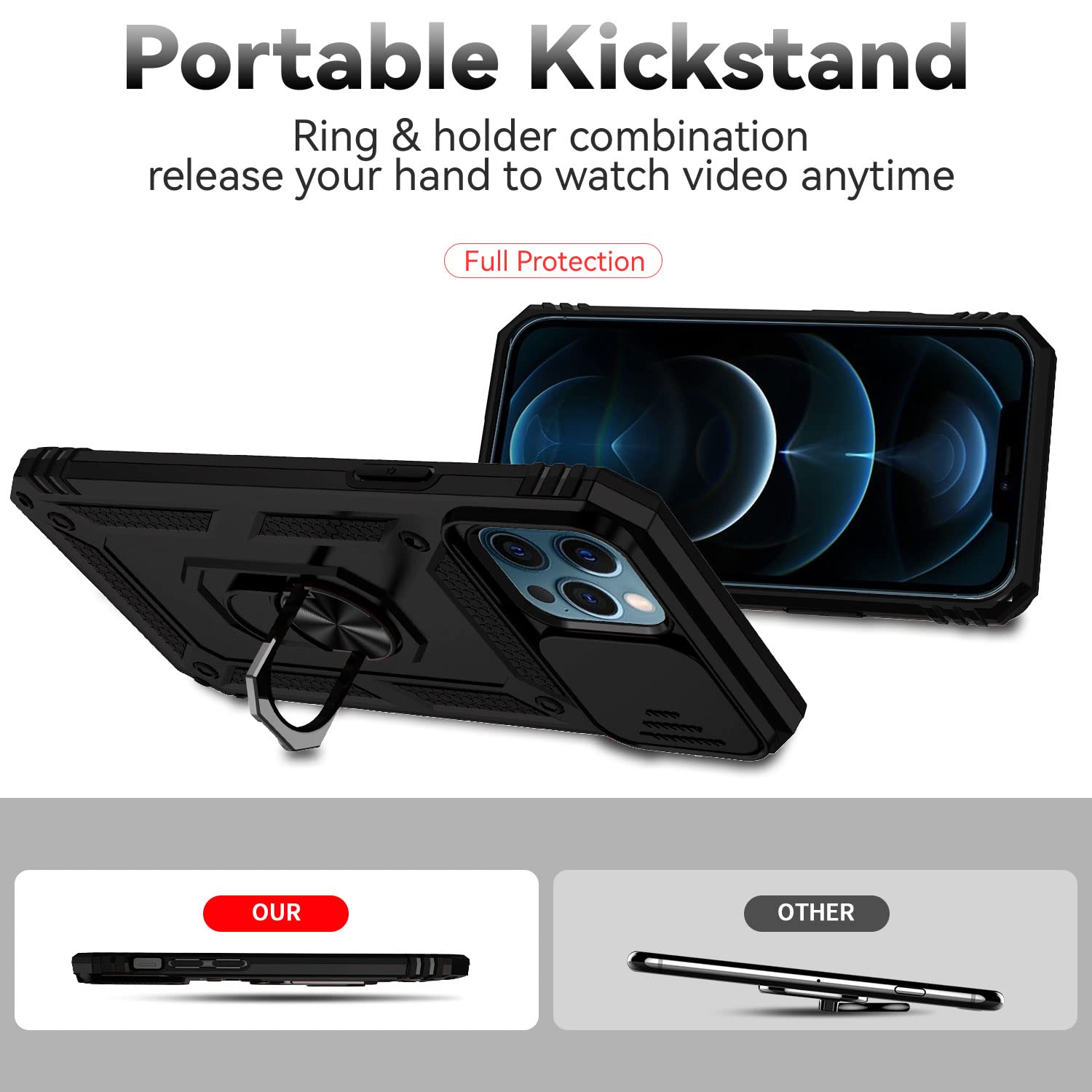 Premium Magnetic Ring Holder Kickstand Case for iPhone 12 Pro Max 6.7 Inch - Military Grade Drop Protection with Camera Lens Cover & HD Screen Protector (Black) | Perfect for Outdoor Adventures, Work & Daily Use