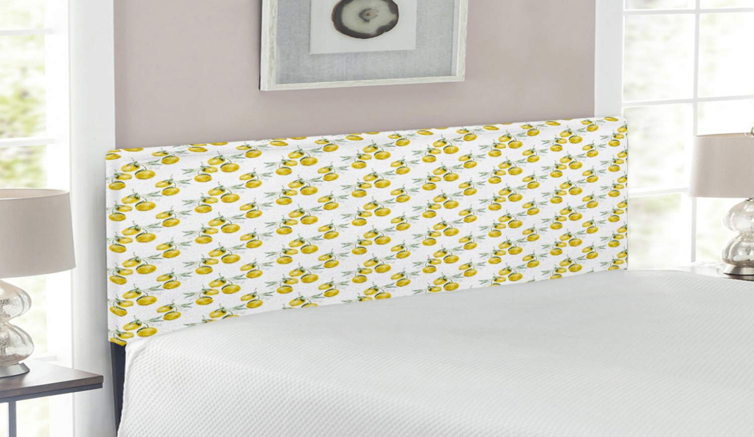 Ambesonne Queen Size Upholstered Headboard with Memory Foam - Lemon Tree Branches Citrus Art in Olive Green & Yellow | Decorative Metal Bed Frame for Modern Bedrooms, Farmhouse or Cottage Style Homes | Perfect for Master Bedroom, Guest Room or Dorm Decor