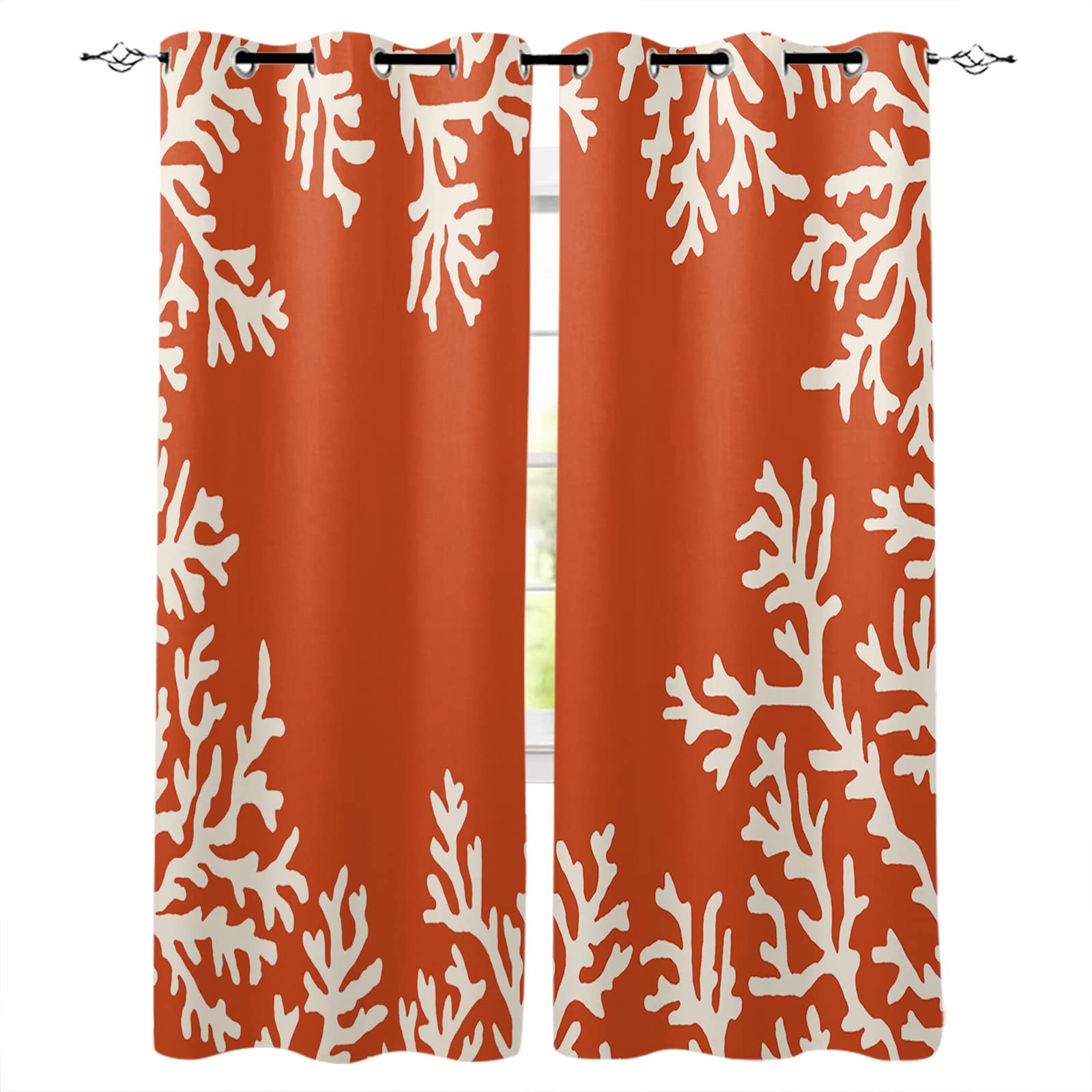 Premium Coral Print Blackout Curtains - Thermal Insulated Room Darkening Window Drapes with White Coral & Orange Design for Living Room & Bedroom (52x96 Inches, 2 Panels) - Perfect for Coastal Decor, Sun Protection & Energy Efficiency