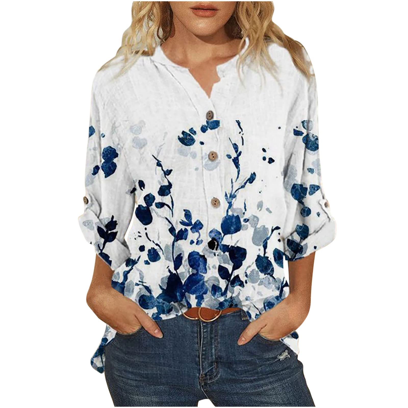 Vintage Floral Print Women's Long Sleeve V-Neck Button Down Blouse - Loose Fit Casual Roll-Up Sleeve Tops for Work, Date Night & Fall Outfits