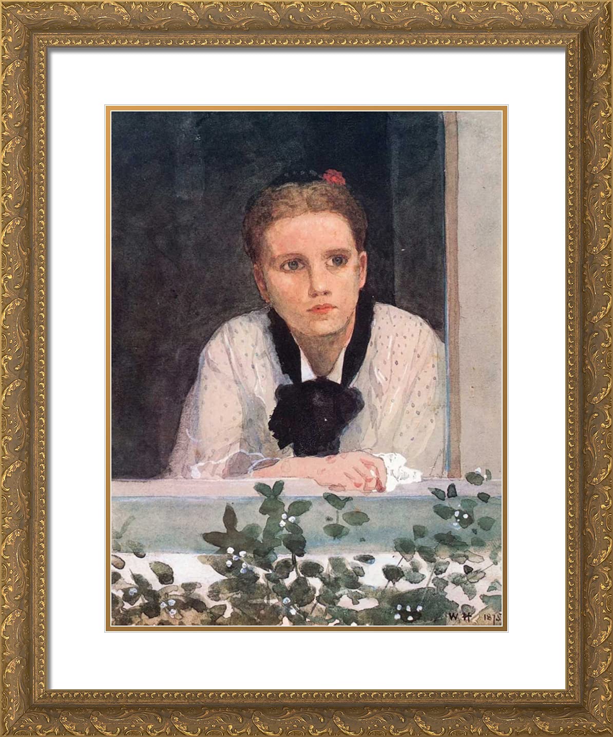 Winslow Homer Young Girl at Window 20x24 Gold Ornate Framed Art Print with Double Matting - Classic American Wall Decor for Living Room, Bedroom & Office