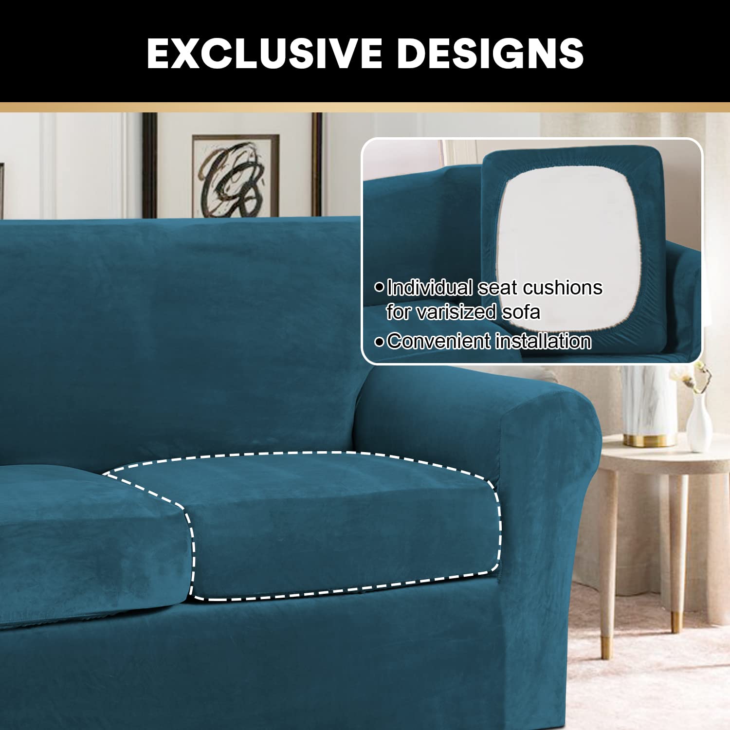PrinceDeco Velvet Plush Stretch Sofa Cover 2-Piece Set - Washable Furniture Protector with Elastic Bottom, Fits Armchairs Up to 49
